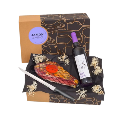 Geschenkbox mit Serrano-Schinken und Rotwein