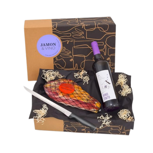 Geschenkbox mit Serrano-Schinken und Rotwein