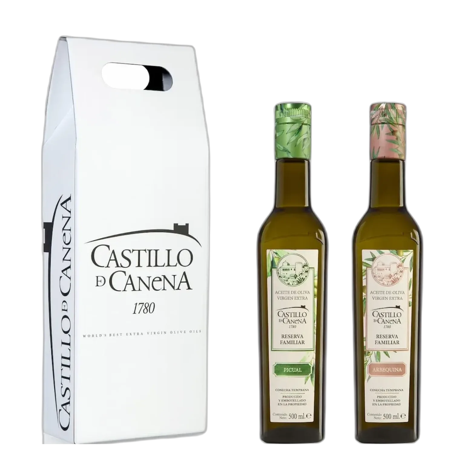 Weißer Geschenkkarton Castillo de Canena mit den Flaschen Reserva Familiar Picual und Arbequina, freigestellt