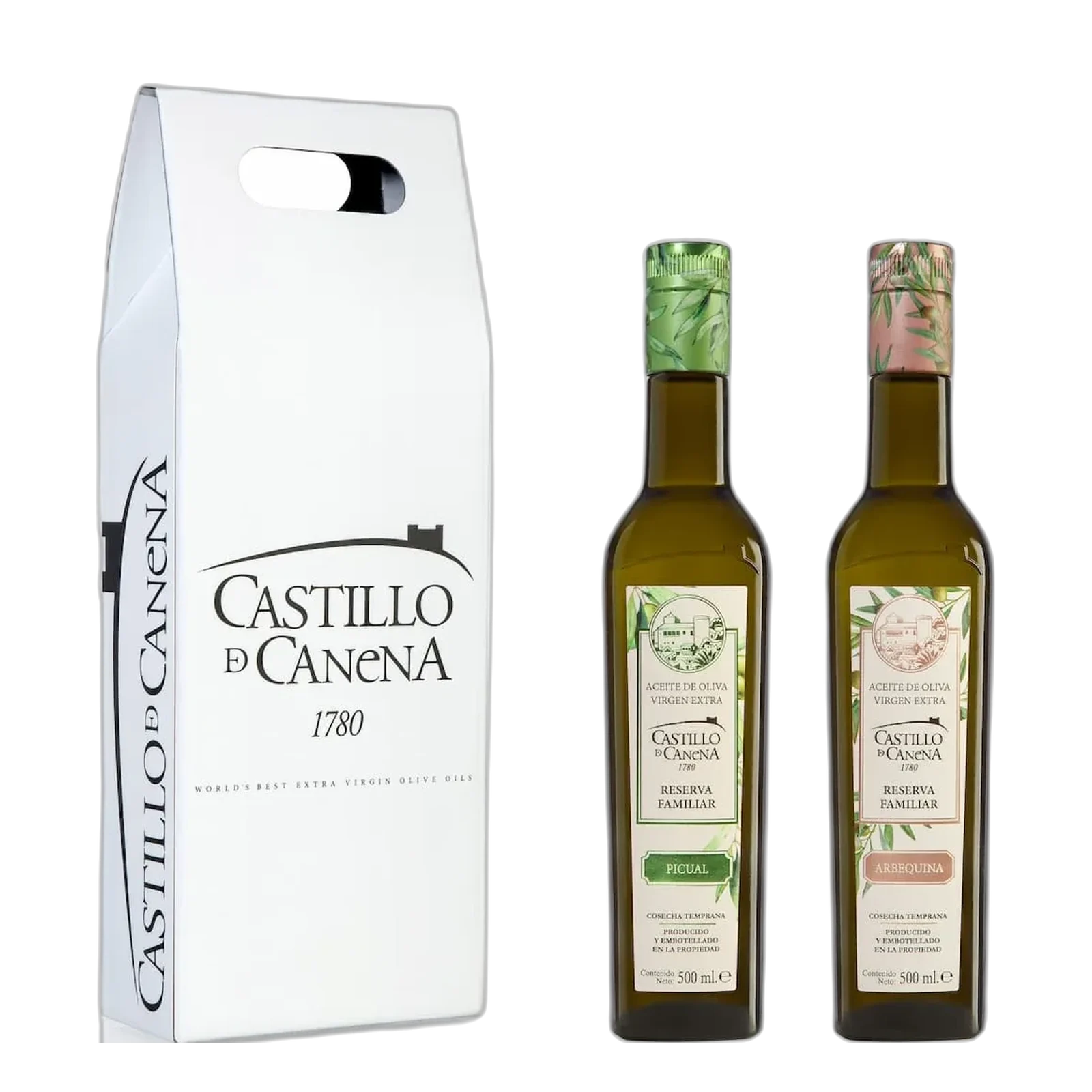 Weißer Geschenkkarton Castillo de Canena mit den Flaschen Reserva Familiar Picual und Arbequina, freigestellt