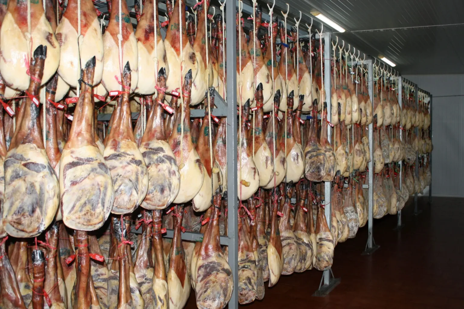 Reihen hängender Schinken im Trockenraum