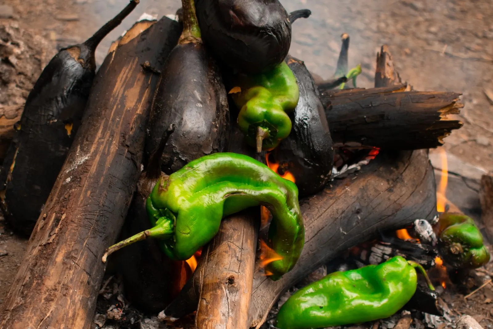 Auberginen und grüne Paprika in der Glut eines Holzfeuers