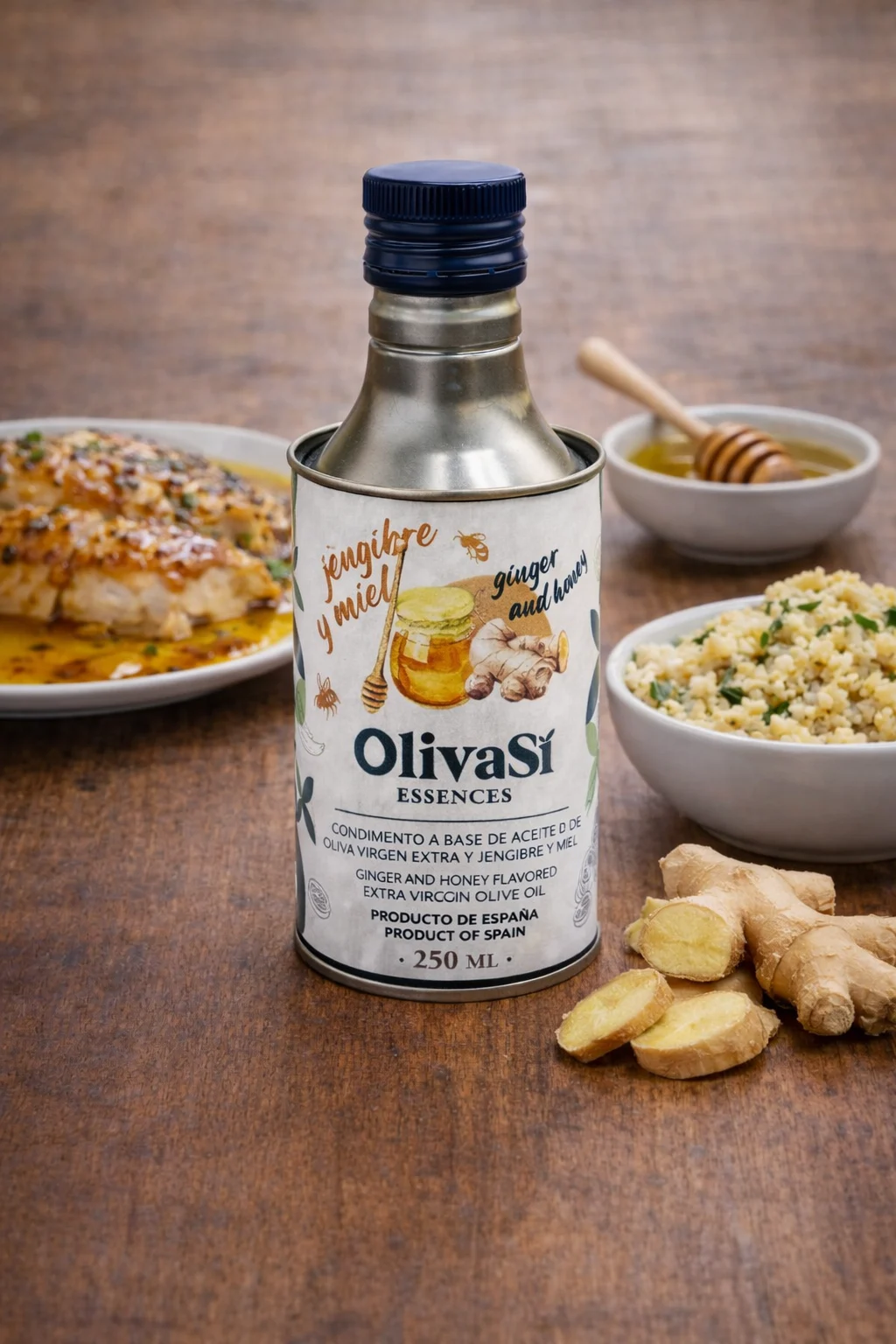 Oliva Sí Essence Ingwer und Honig mit Hähnchen, Reis, Honig und Ingwer