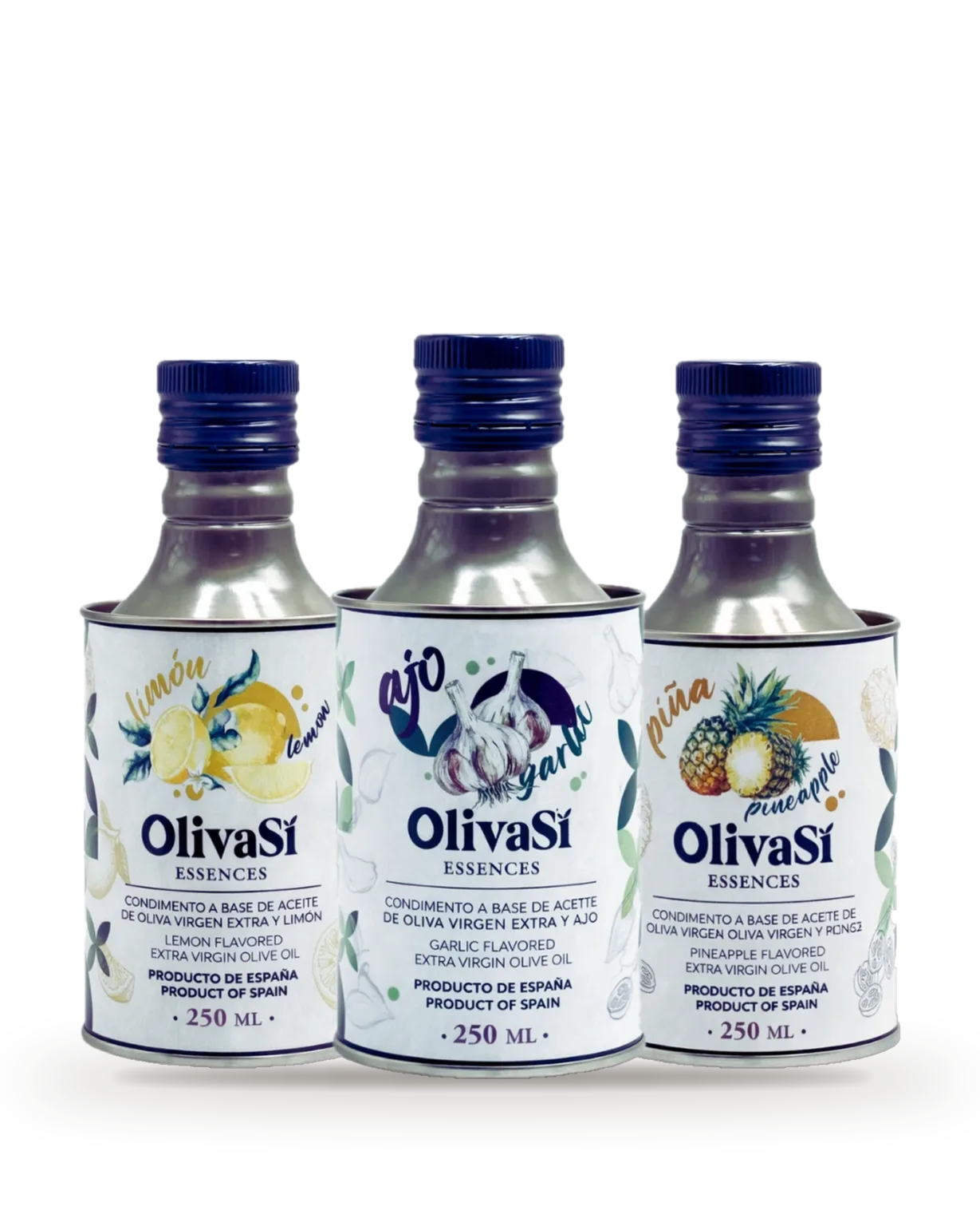 Drei Dosen Oliva Sí Essences: Zitrone, Knoblauch und Ananas, freigestellt