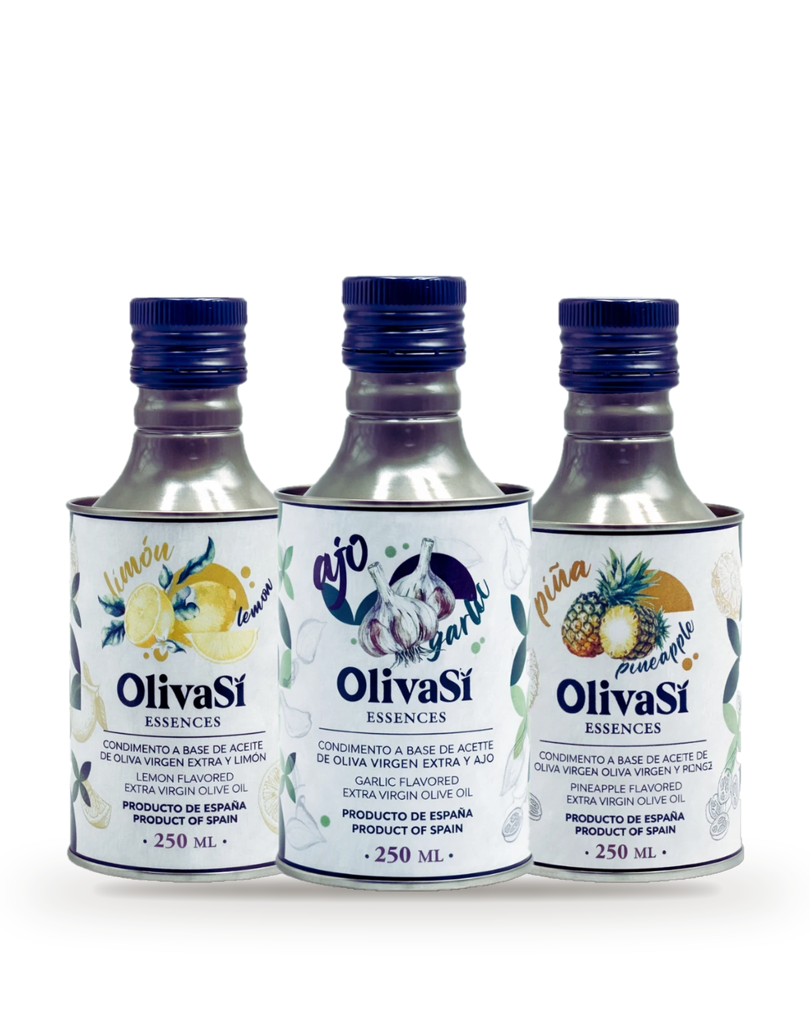 Drei Dosen Oliva Sí Essences: Zitrone, Knoblauch und Ananas, freigestellt