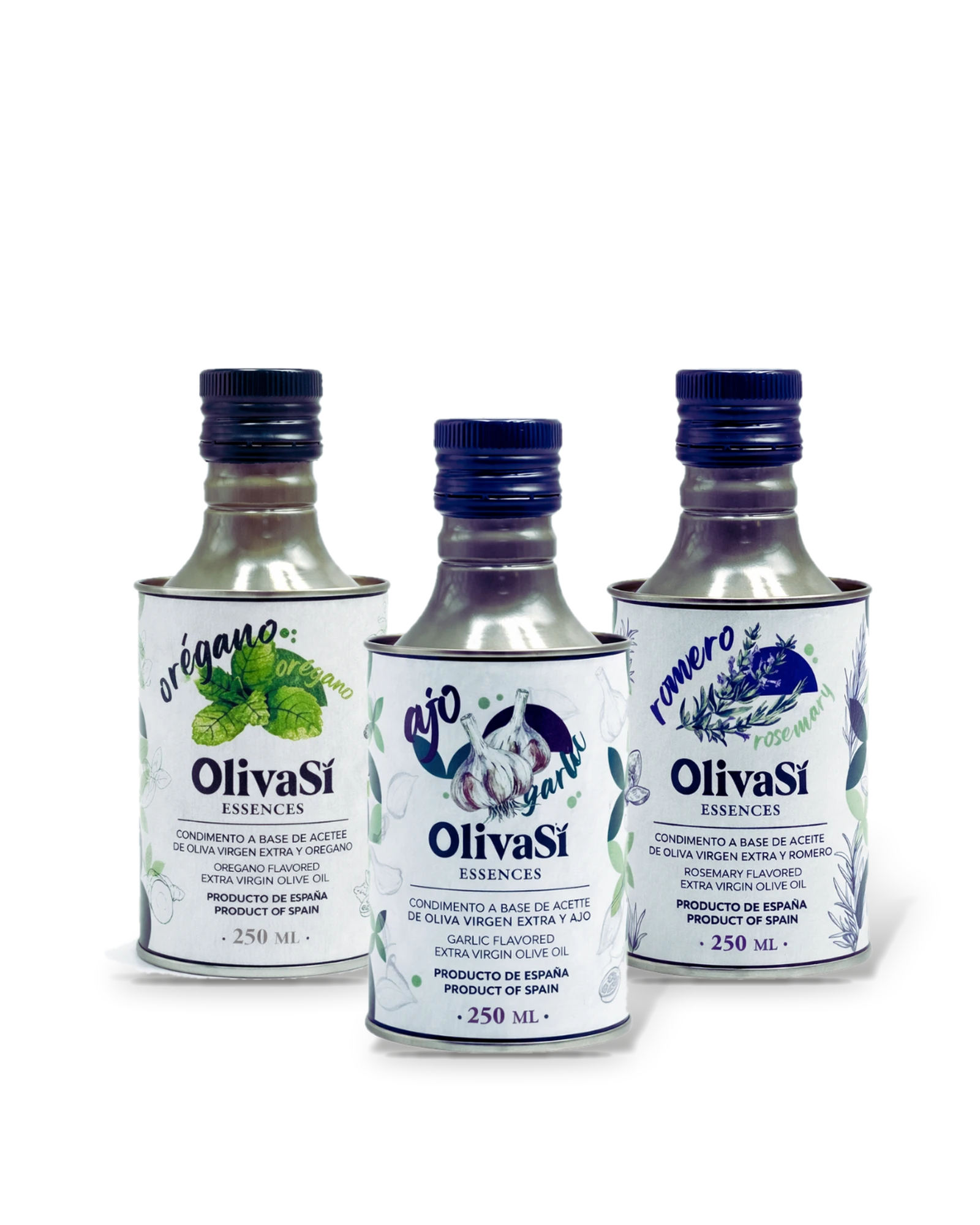 Drei Dosen Oliva Sí Essences: Oregano, Knoblauch und Rosmarin, je 250 ml, freigestellt