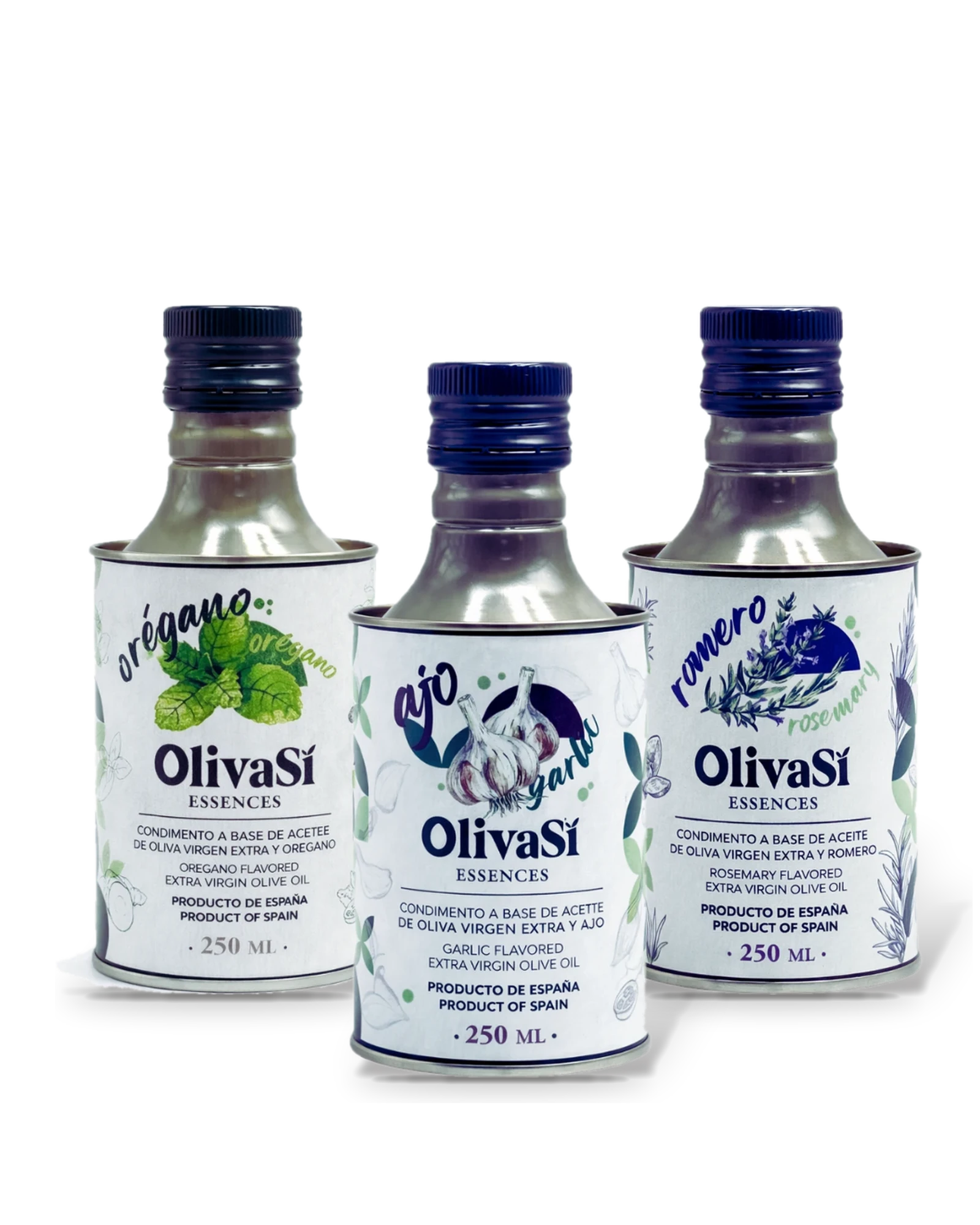 Oliva Sí Essences Mediterran-Set: Knoblauch, Oregano und Rosmarin (3 × 250 ml)