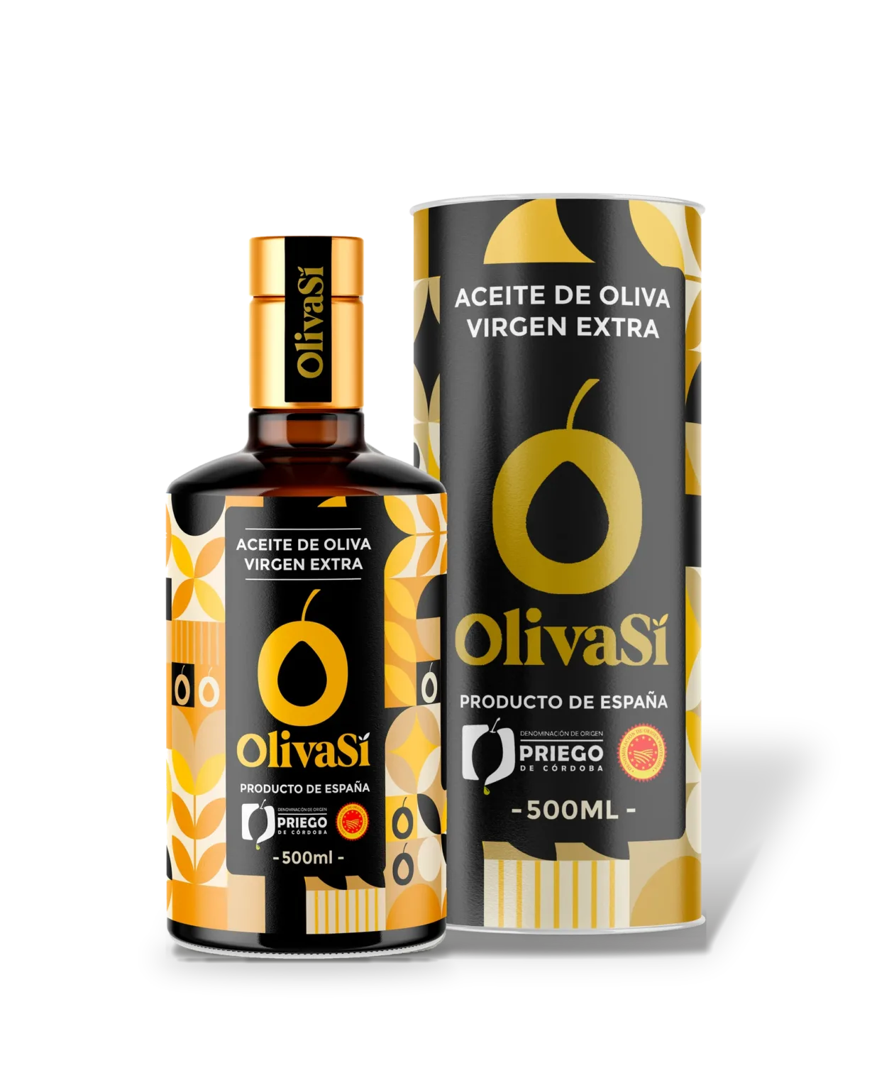 Flasche Oliva Sí Golden Edition neben ihrer schwarz-goldenen Geschenkröhre, freigestellt