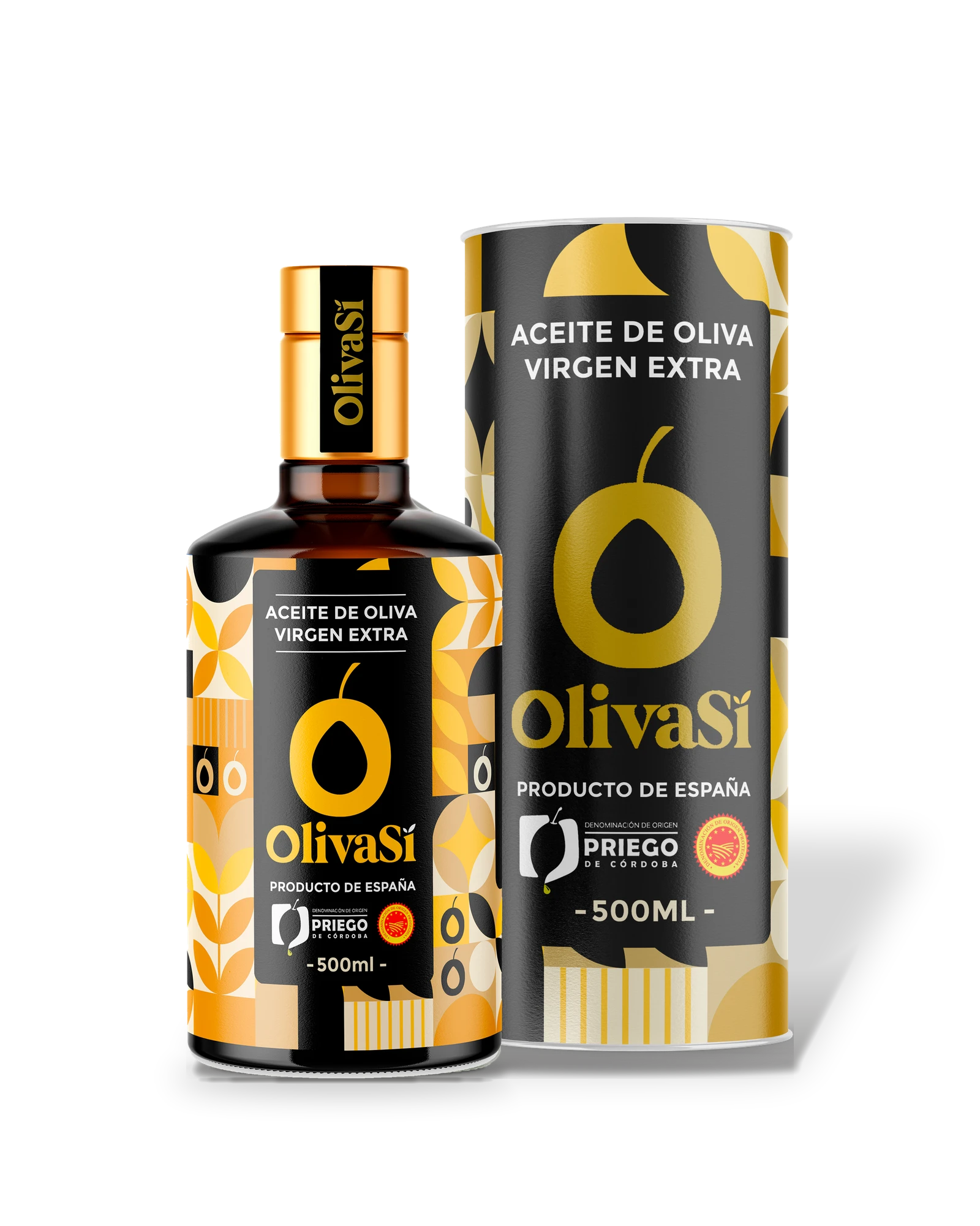Flasche Oliva Sí Golden Edition neben ihrer schwarz-goldenen Geschenkröhre, freigestellt