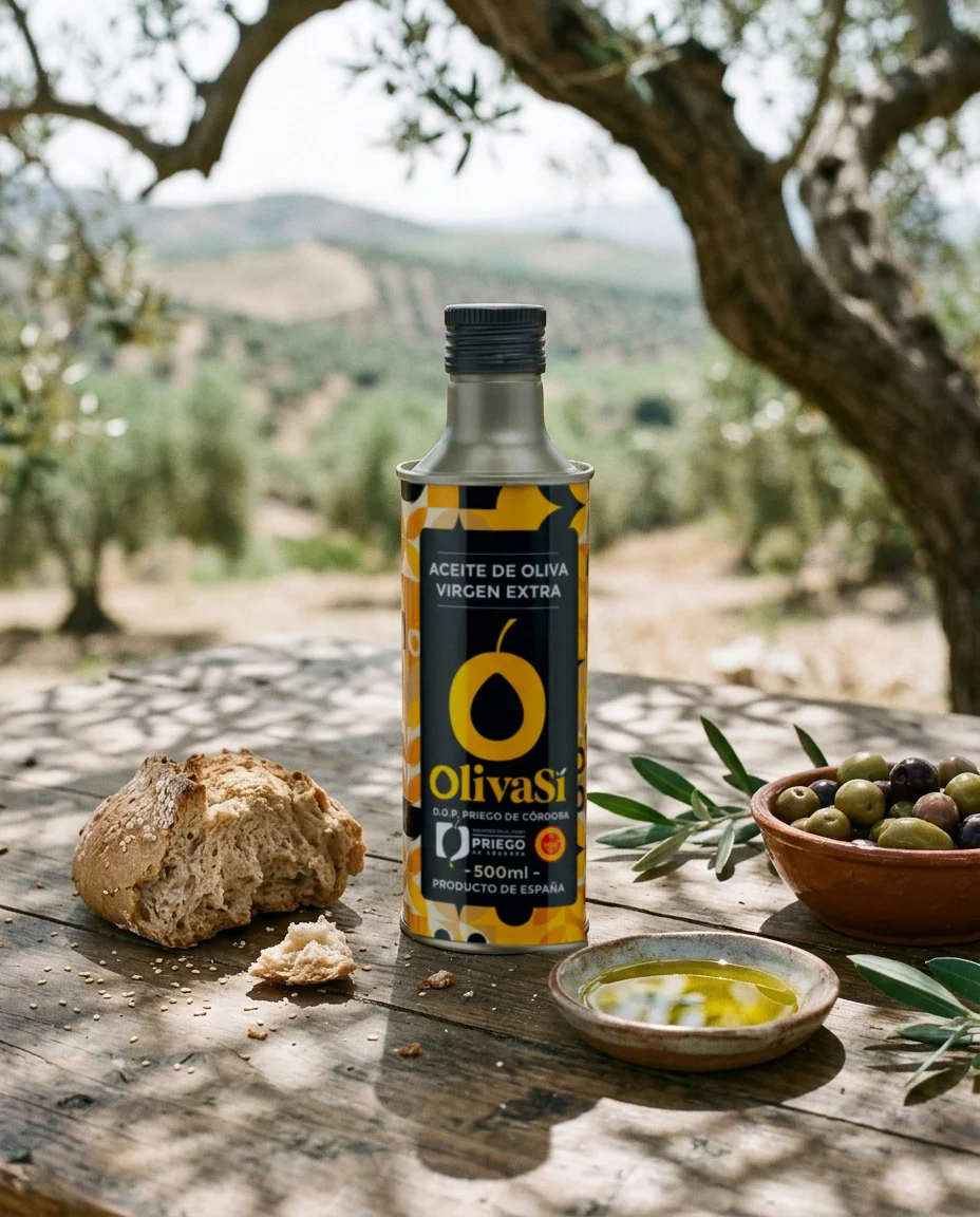 Dose Oliva Sí Golden auf einem Holztisch unter einem Olivenbaum, mit Brot, Oliven und einem Schälchen Öl (KI-Bild)