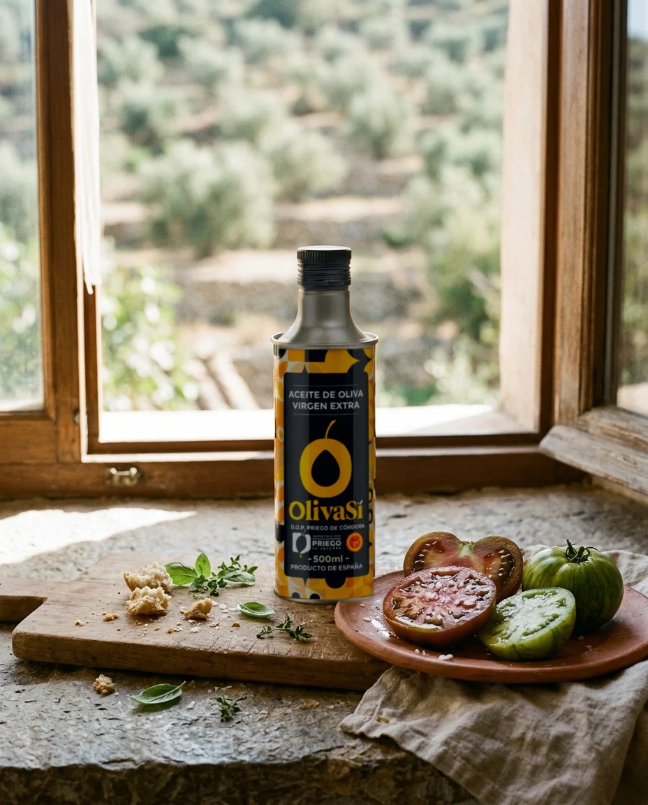 Dose Oliva Sí Golden am offenen Fenster, mit Tomaten, Brot und Kräutern (KI-Bild)