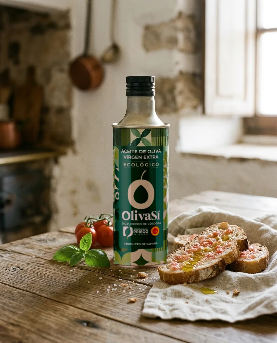Grüne Dose Oliva Sí Ecologic in einer weiß gekalkten Küche, mit Tomatenbrot und Basilikum (KI-Bild)