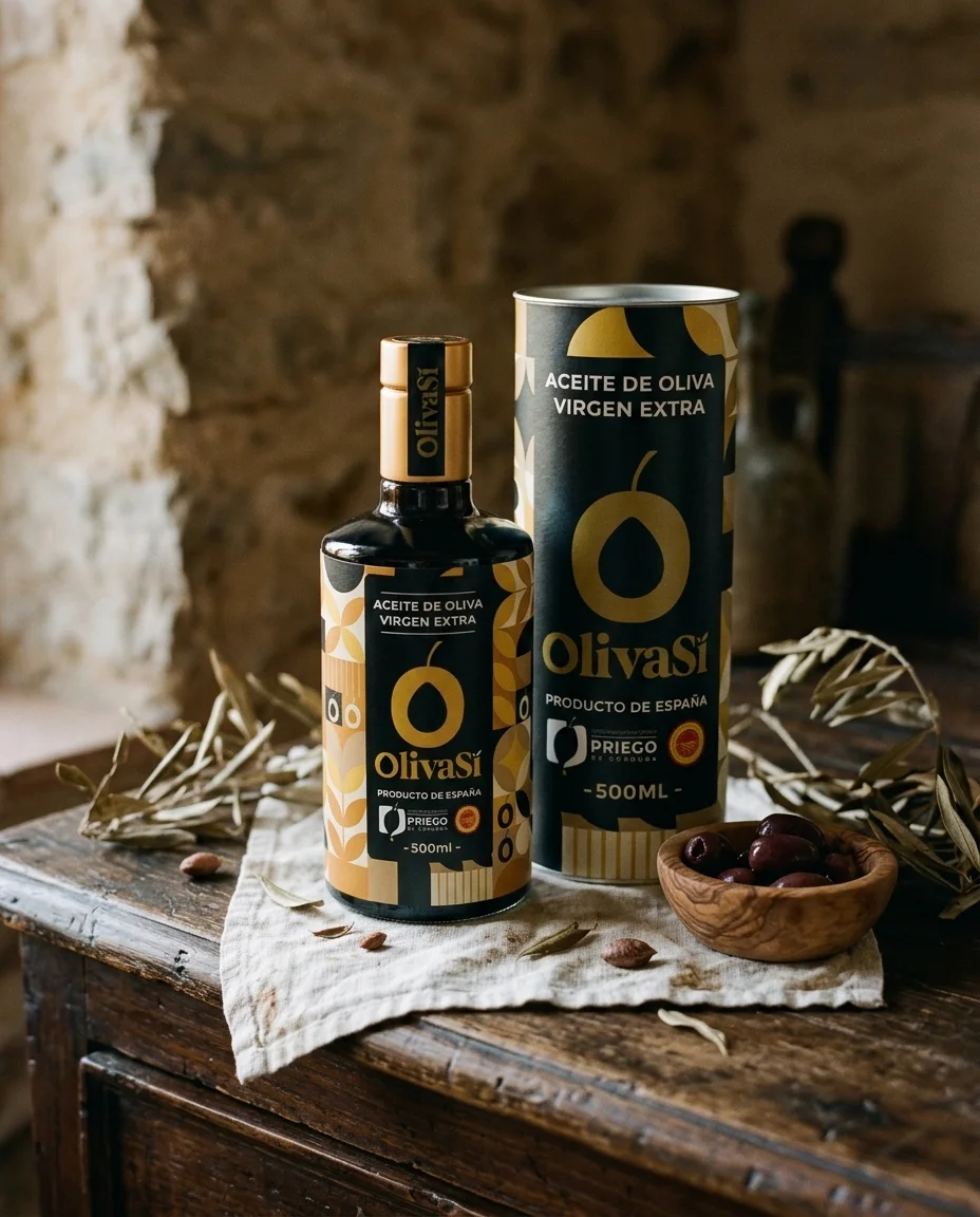 Flasche Oliva Sí Golden mit Geschenkröhre auf einer alten Anrichte, mit Oliven und Olivenzweigen (KI-Bild)