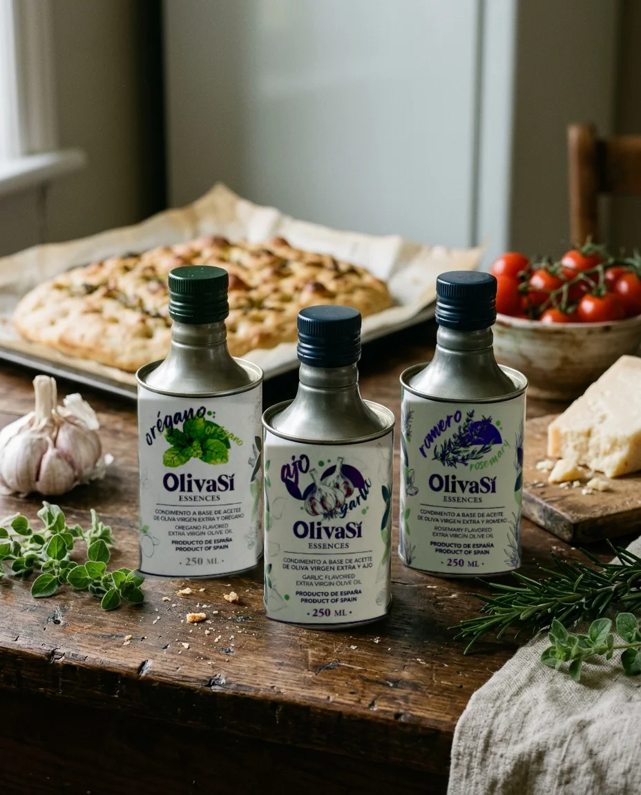 Oliva Sí Essences Oregano, Knoblauch und Rosmarin auf einem Küchentisch, mit Focaccia, Tomaten und Käse (KI-Bild)