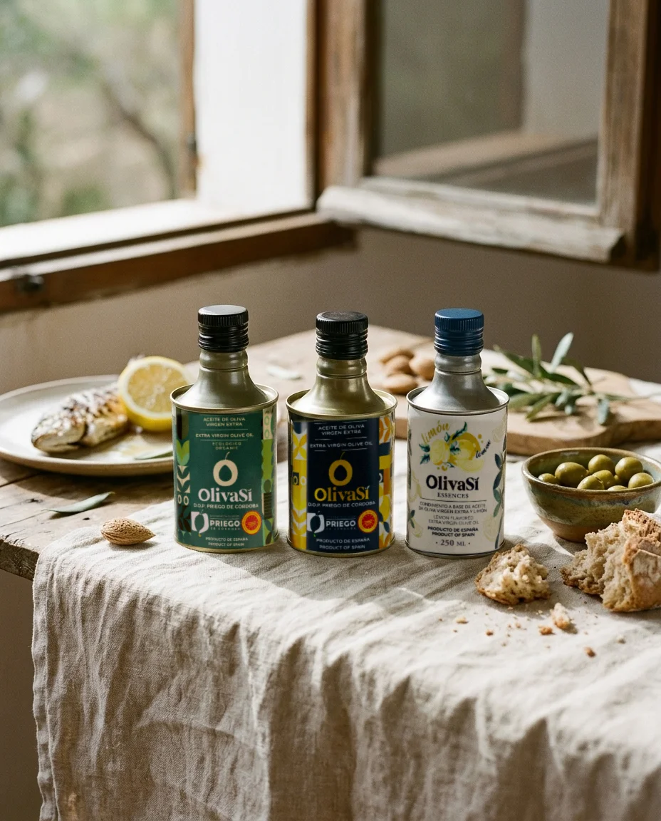 Drei kleine Oliva-Sí-Dosen auf einem Leinentischtuch, mit Dorade, Zitrone, Oliven und Brot (KI-Bild)