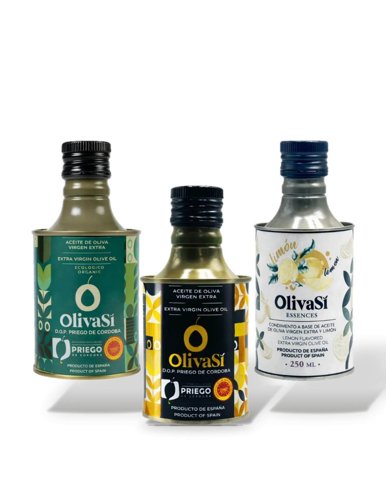 Drei Dosen à 250 ml: Oliva Sí Ecologic, Golden und Essence Zitrone, freigestellt