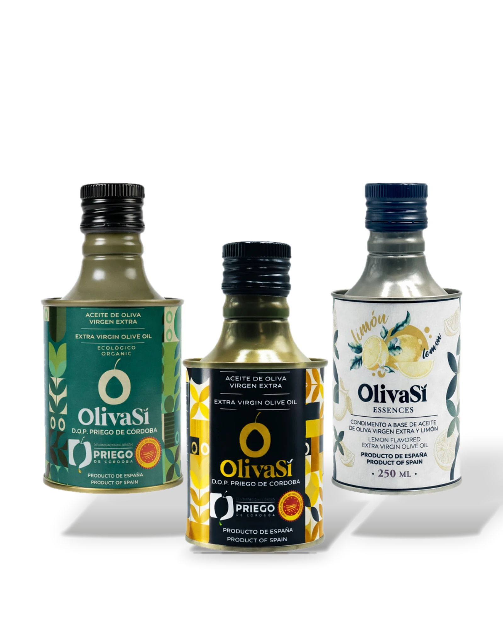 Drei Dosen à 250 ml: Oliva Sí Ecologic, Golden und Essence Zitrone, freigestellt
