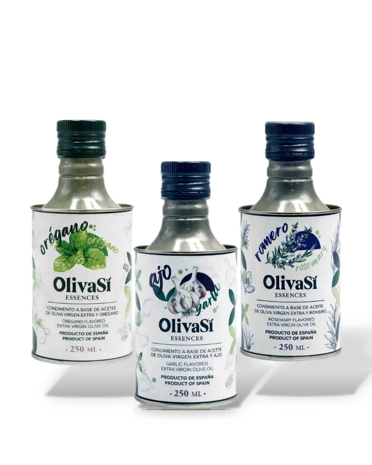 Drei Oliva Sí Essences: Oregano, Knoblauch und Rosmarin, freigestellt