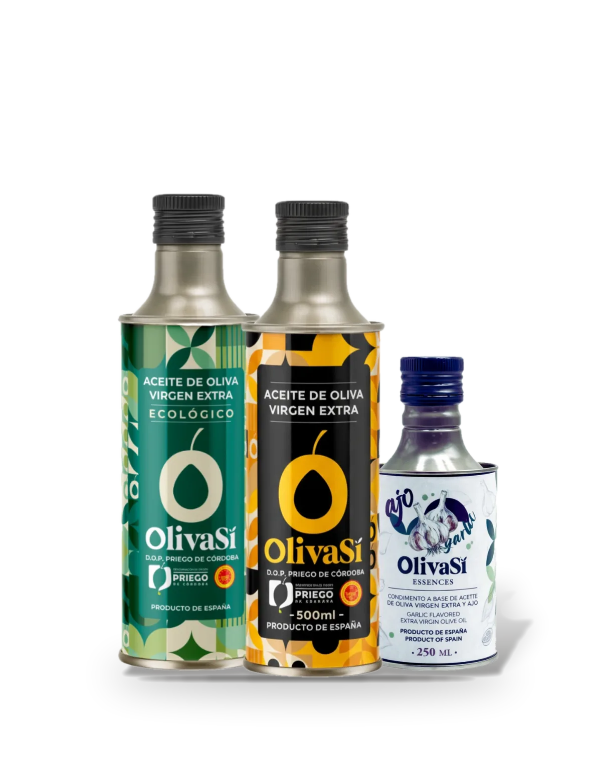 Oliva Sí Ecologic und Golden in der 500-ml-Dose und eine Essence Knoblauch, freigestellt