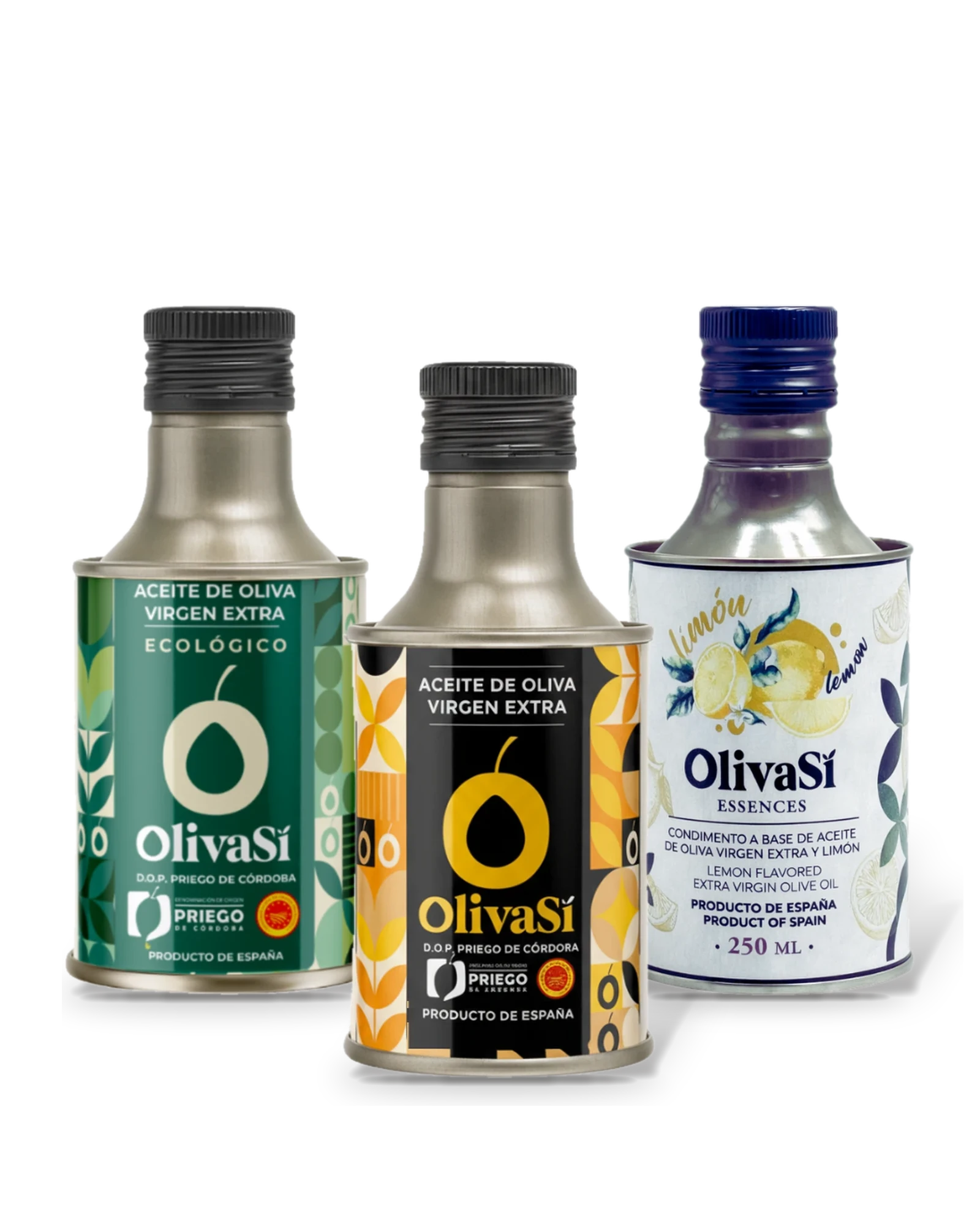 Oliva Sí Probierset Descubre: Golden, Ecologic Bio und Essence Zitrone (3 × 250 ml)
