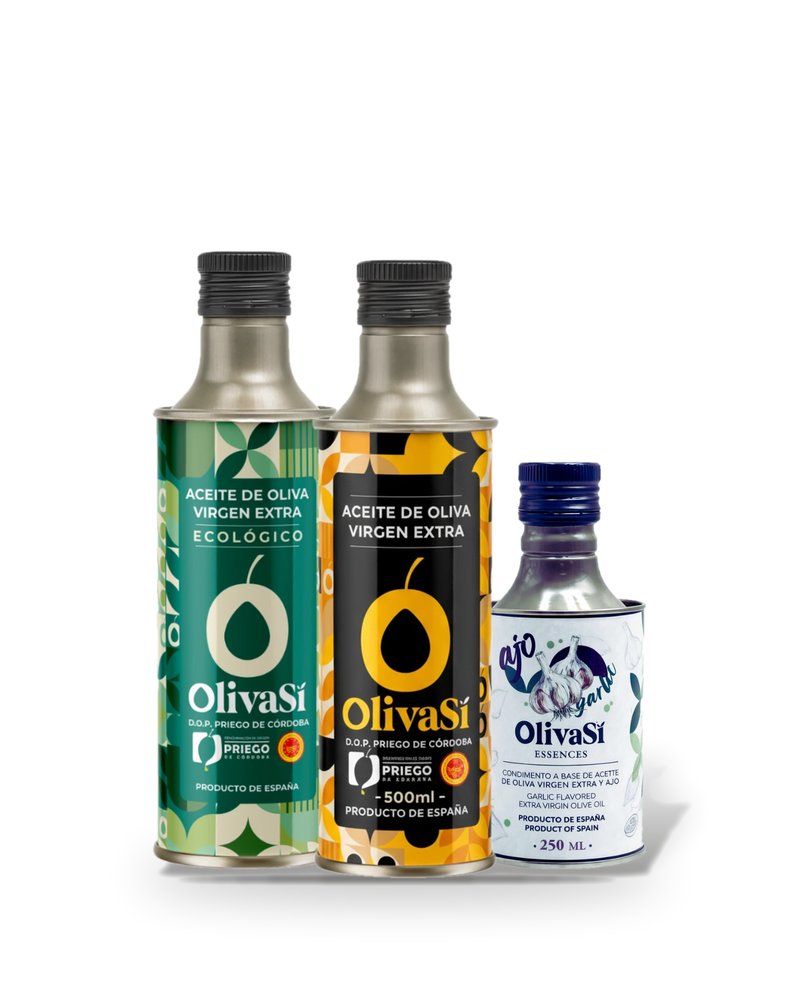 Oliva Sí Ecologic und Golden in der 500-ml-Dose und eine Essence Knoblauch, freigestellt