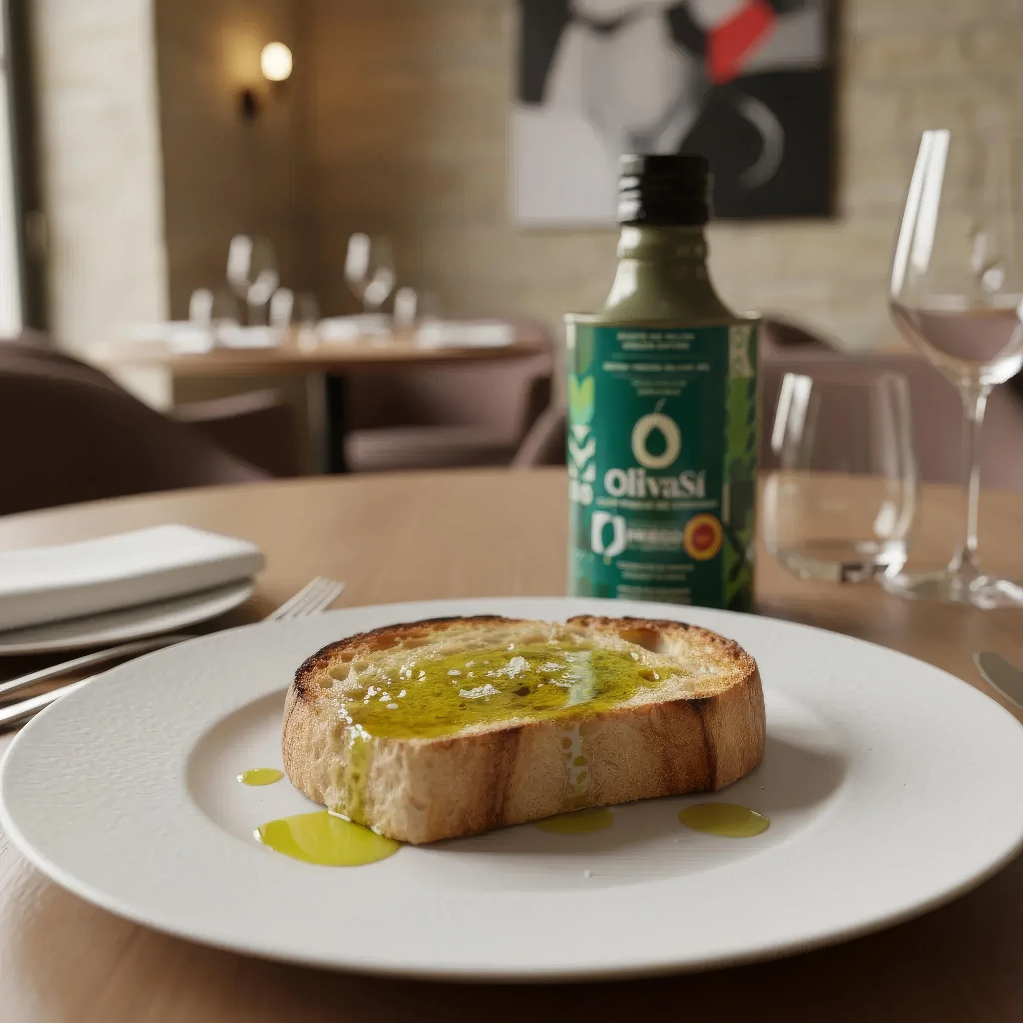 Kleine grüne Dose Oliva Sí Ecologic neben geröstetem Brot mit Olivenöl