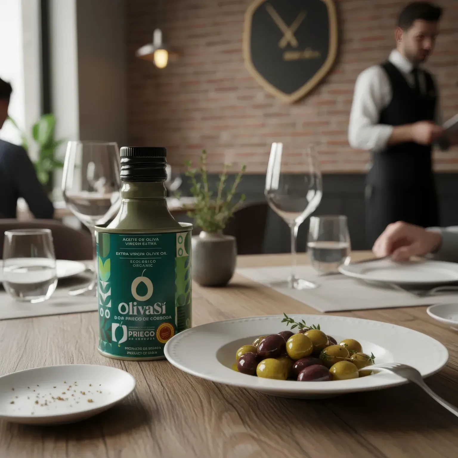 Kleine grüne Dose Oliva Sí Ecologic auf einem Restauranttisch mit Oliven