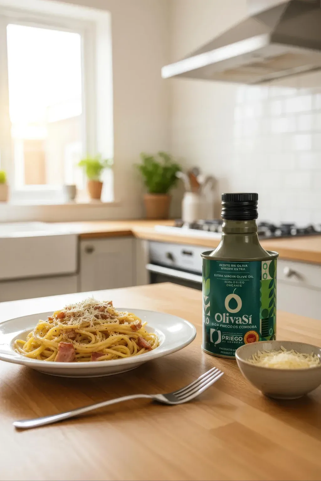 Kleine grüne Dose Oliva Sí Ecologic in einer hellen Küche neben einem Teller Pasta