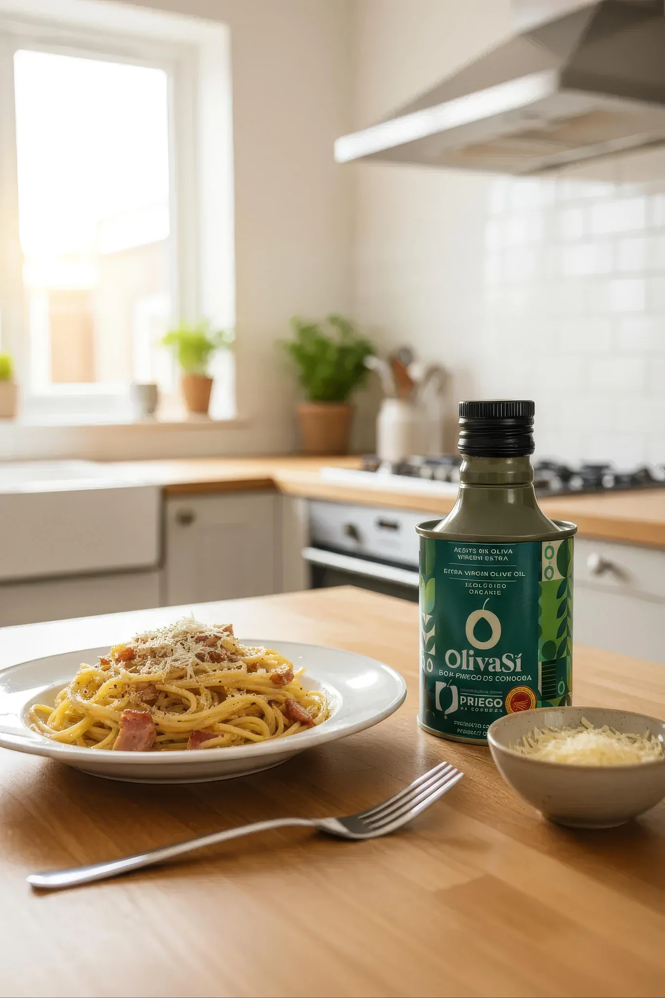 Kleine grüne Dose Oliva Sí Ecologic in einer hellen Küche neben einem Teller Pasta