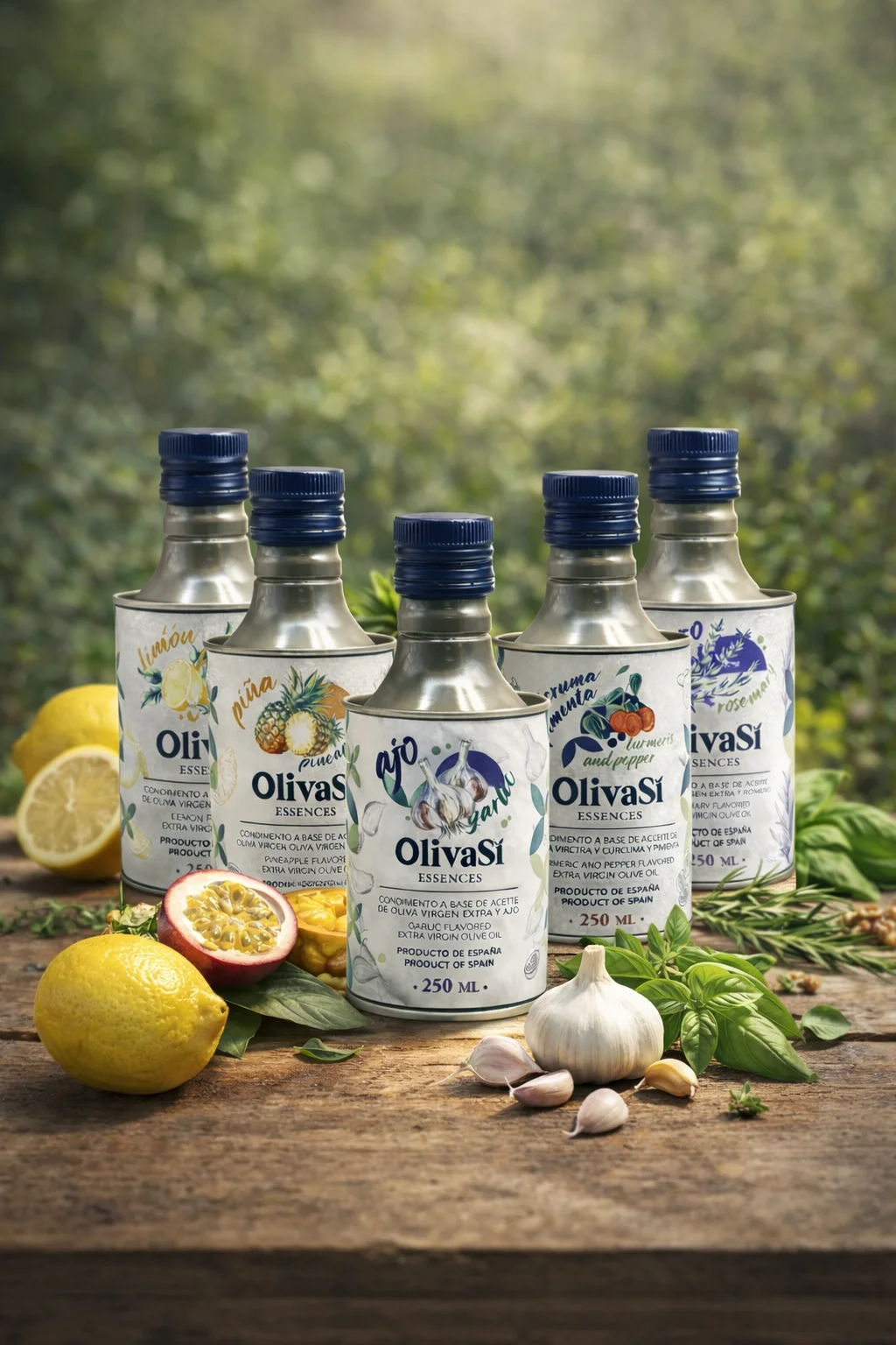 Fünf Oliva Sí Essences auf einem Tisch, mit Zitrone und Knoblauch