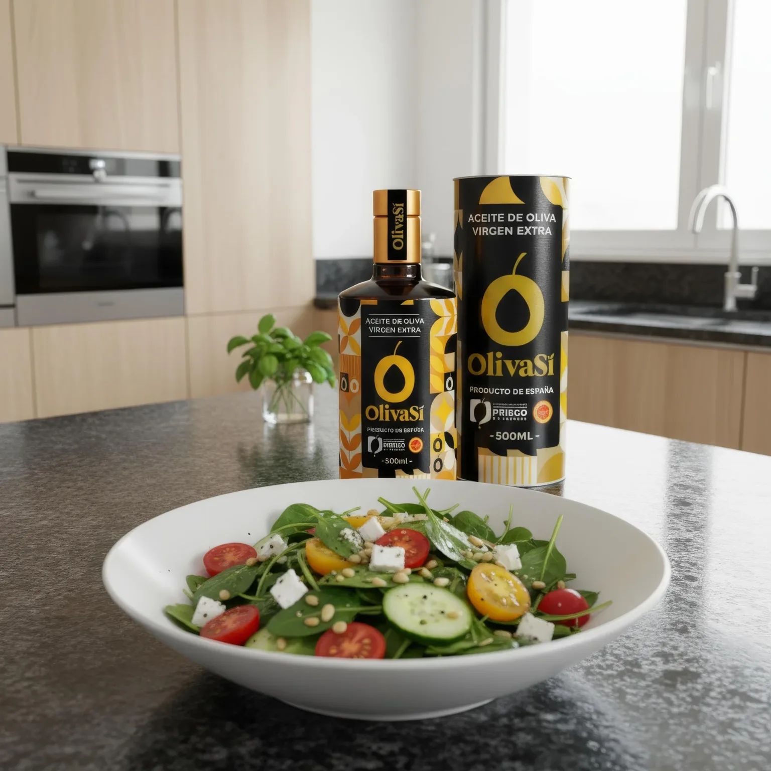 Flasche und Geschenkröhre Oliva Sí Golden neben einem Salat