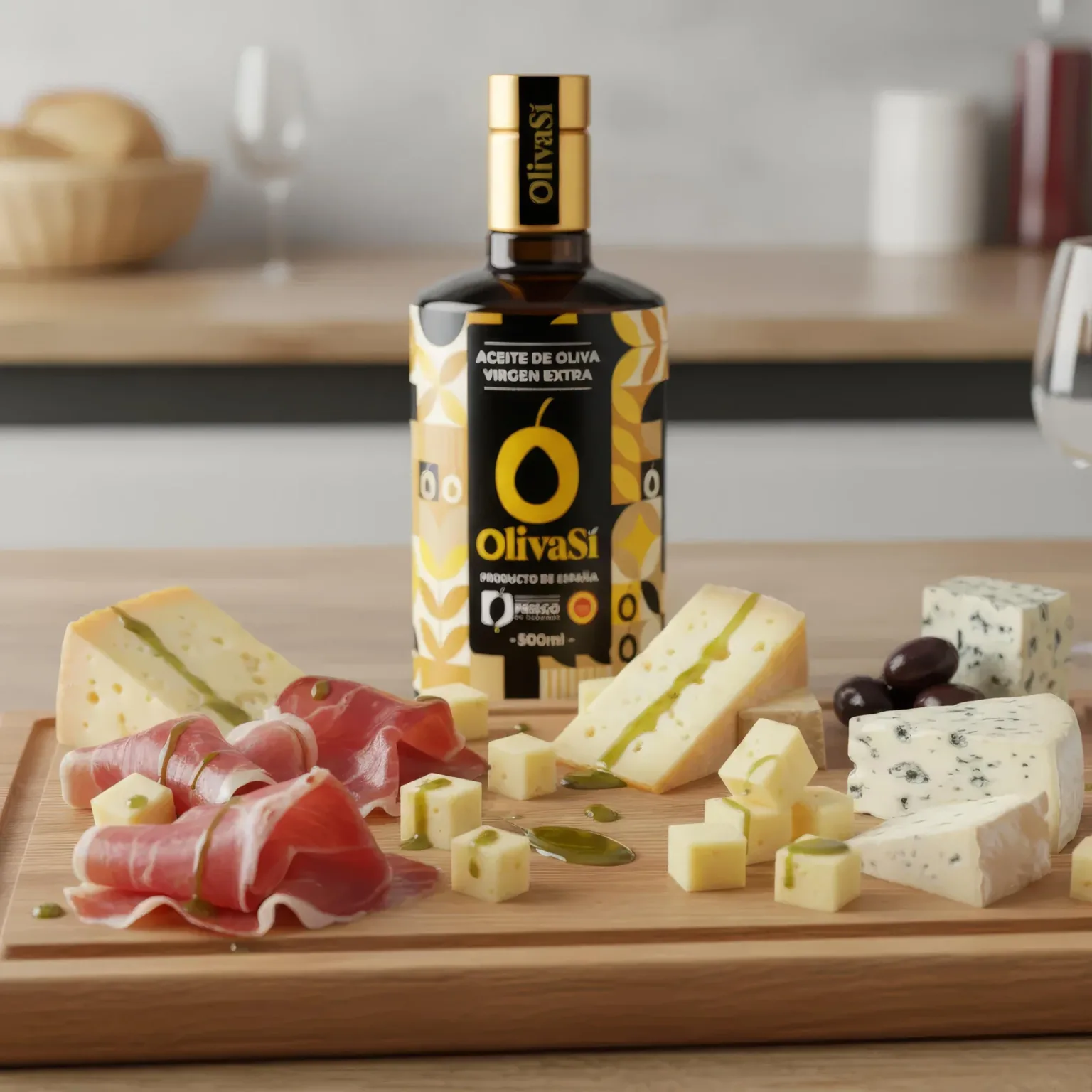 Flasche Oliva Sí Golden in einer Küche, mit Käse und Jamón auf einem Brett