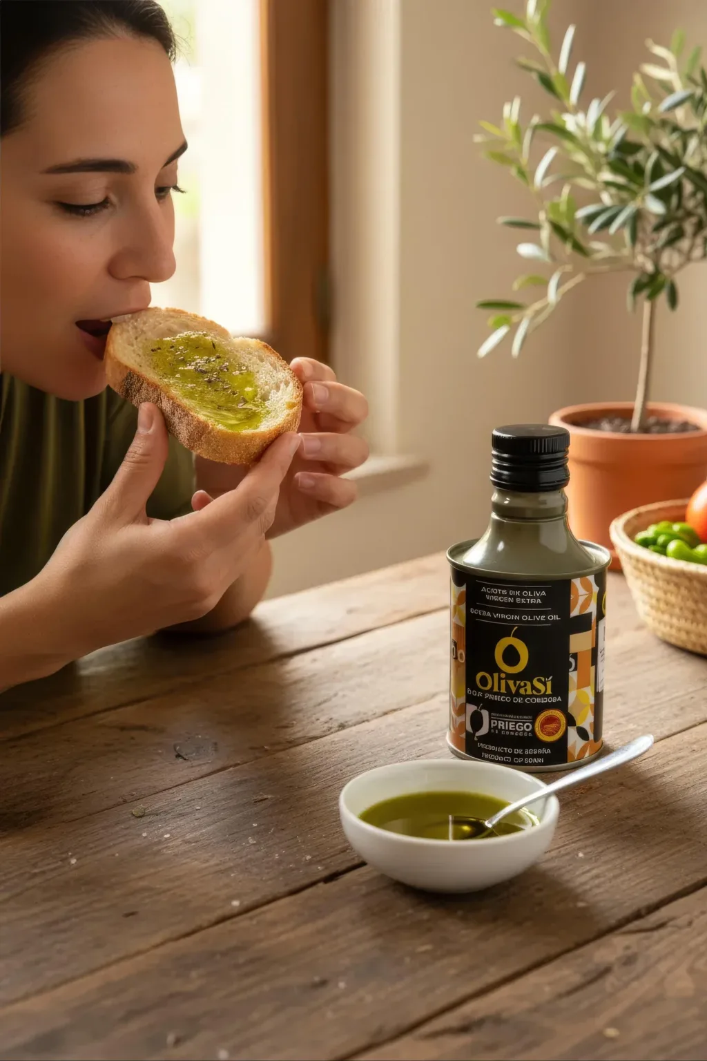 Kleine Dose Oliva Sí Golden auf einem Holztisch, daneben Brot mit Olivenöl