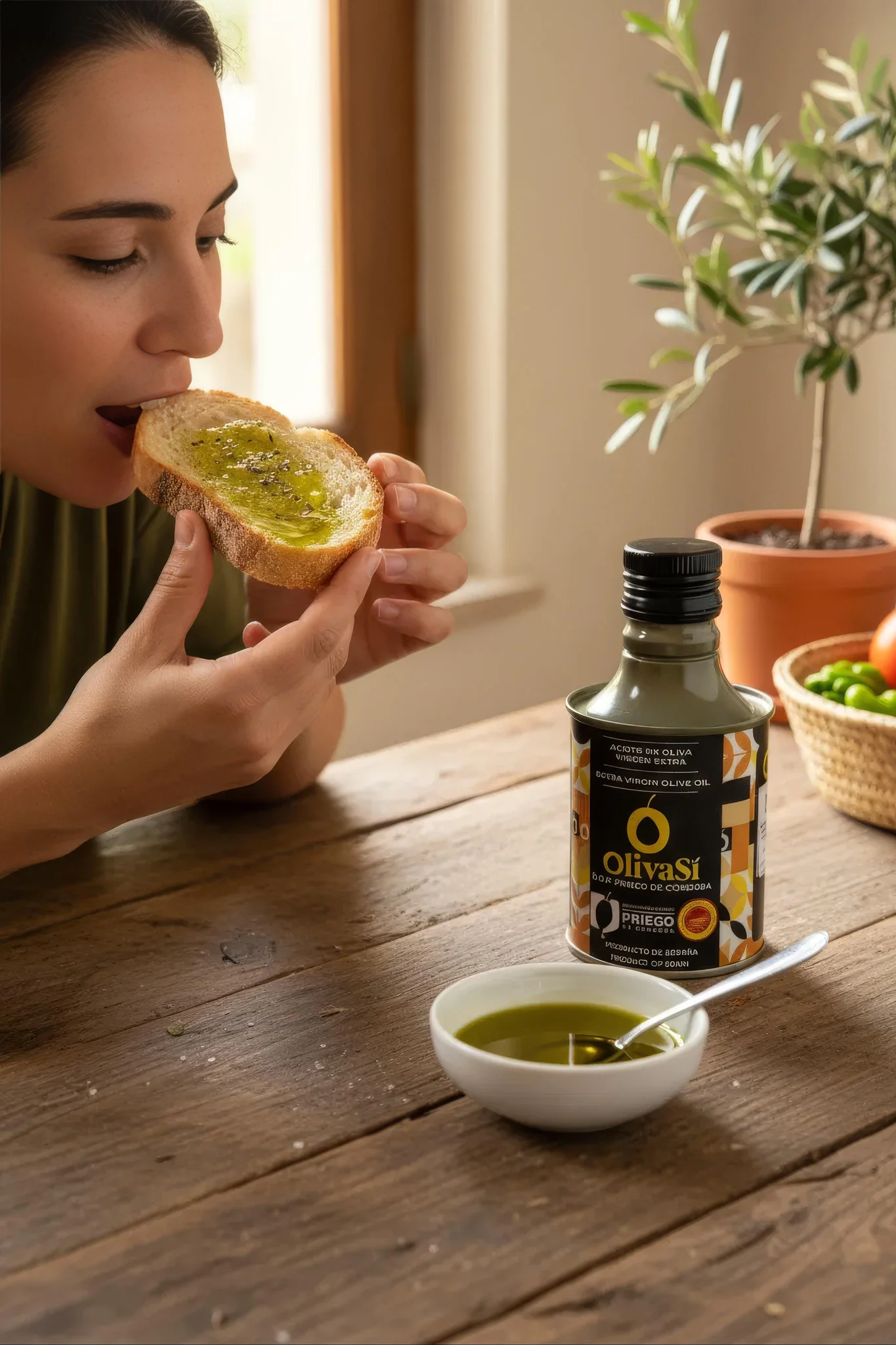 Kleine Dose Oliva Sí Golden auf einem Holztisch, daneben Brot mit Olivenöl