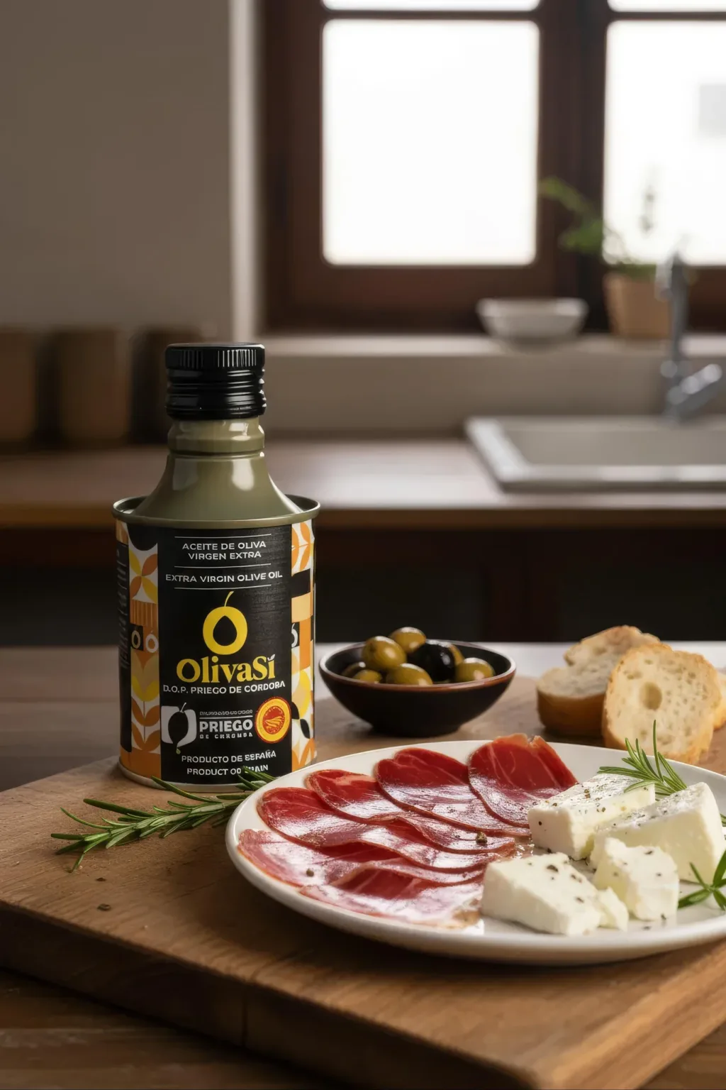 Kleine Dose Oliva Sí Golden auf einem Holzbrett mit Jamón, Käse und Oliven