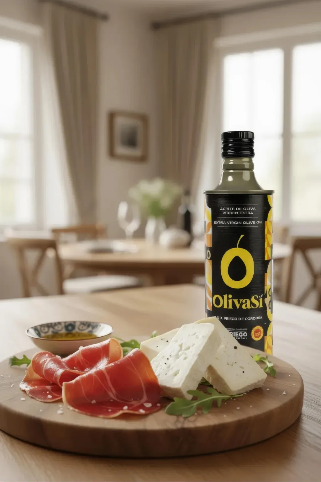 Dose Oliva Sí Golden auf einem Esstisch, mit Jamón und Käse