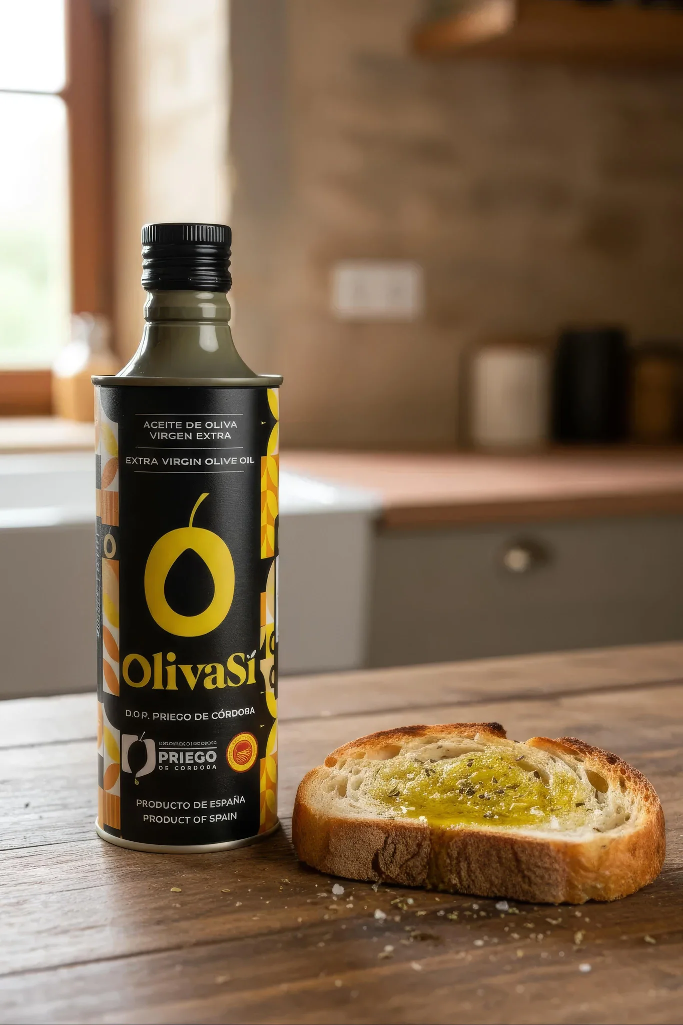 Dose Oliva Sí Golden in einer Küche, mit geröstetem Brot