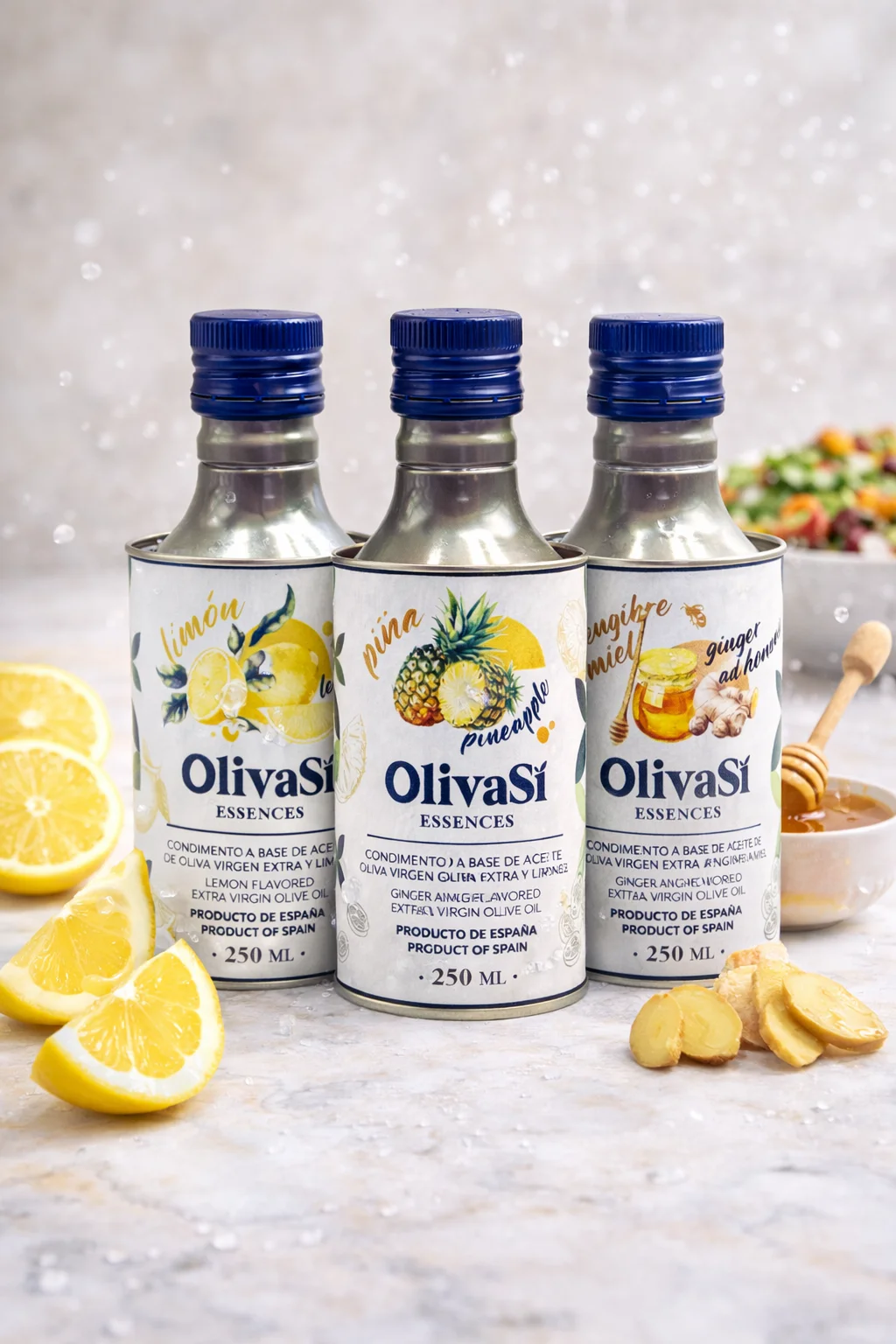 Oliva Sí Essences Zitrone, Ananas und Ingwer und Honig mit Früchten