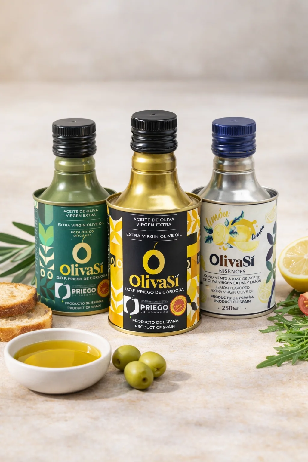 Drei Oliva-Sí-Dosen mit Oliven, Brot und Zitrone