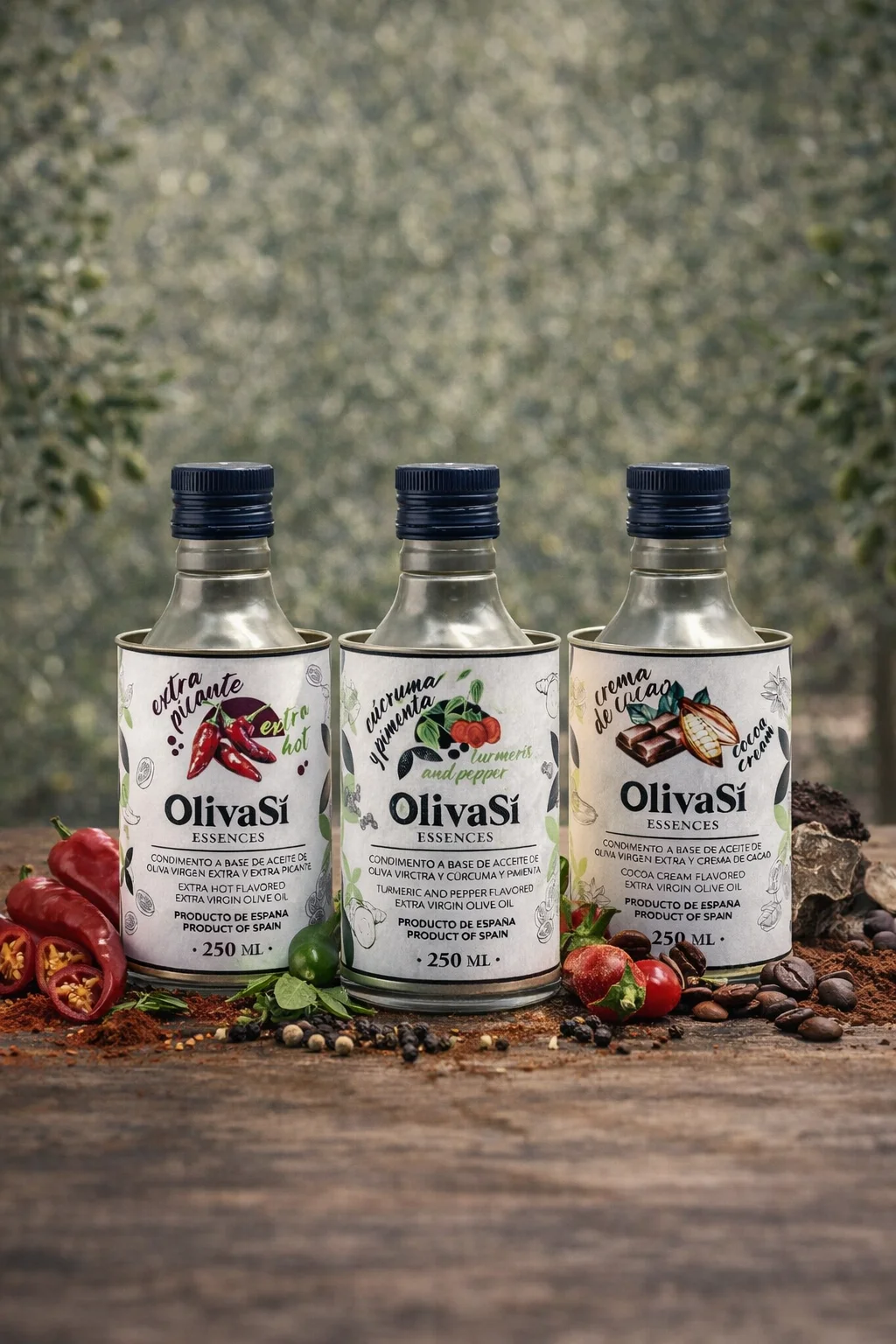 Oliva Sí Essences Kurkuma und Pfeffer, Extra scharf und Kakao-Creme auf Holz