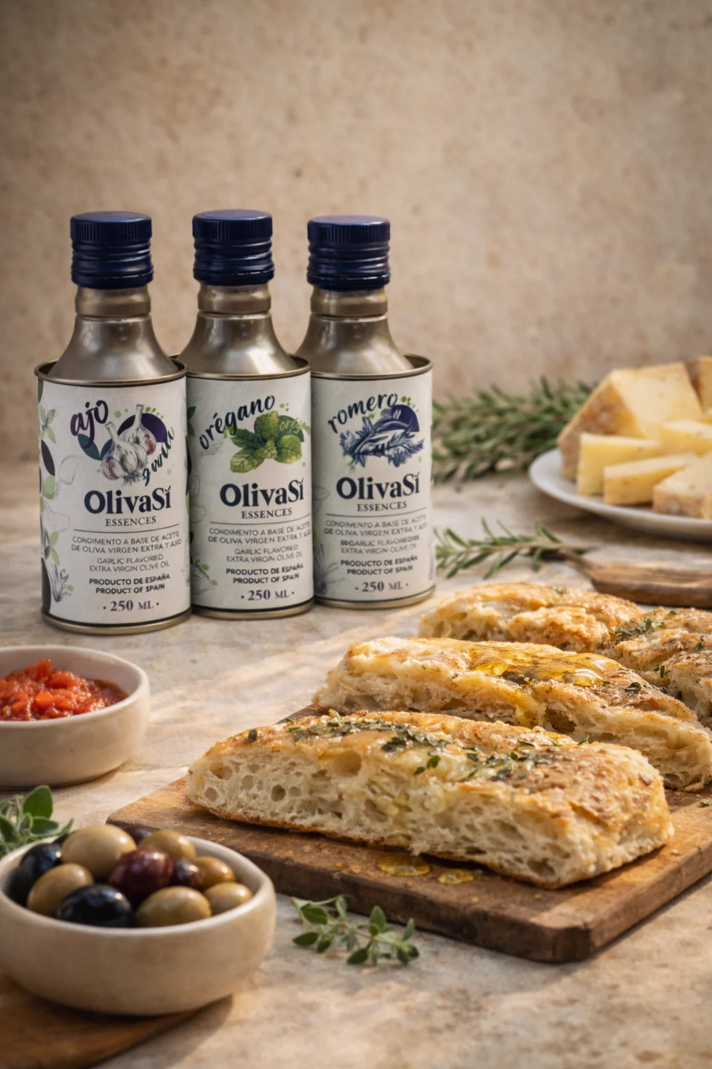 Oliva Sí Essences Knoblauch, Oregano und Rosmarin mit Focaccia und Oliven