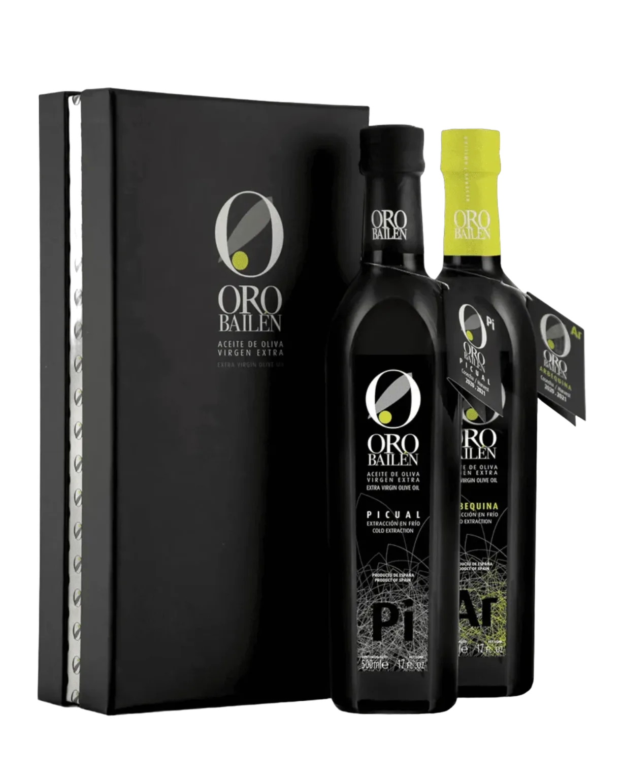 Schwarze Geschenkbox Oro Bailén mit den Flaschen Reserva Familiar Picual und Arbequina, freigestellt