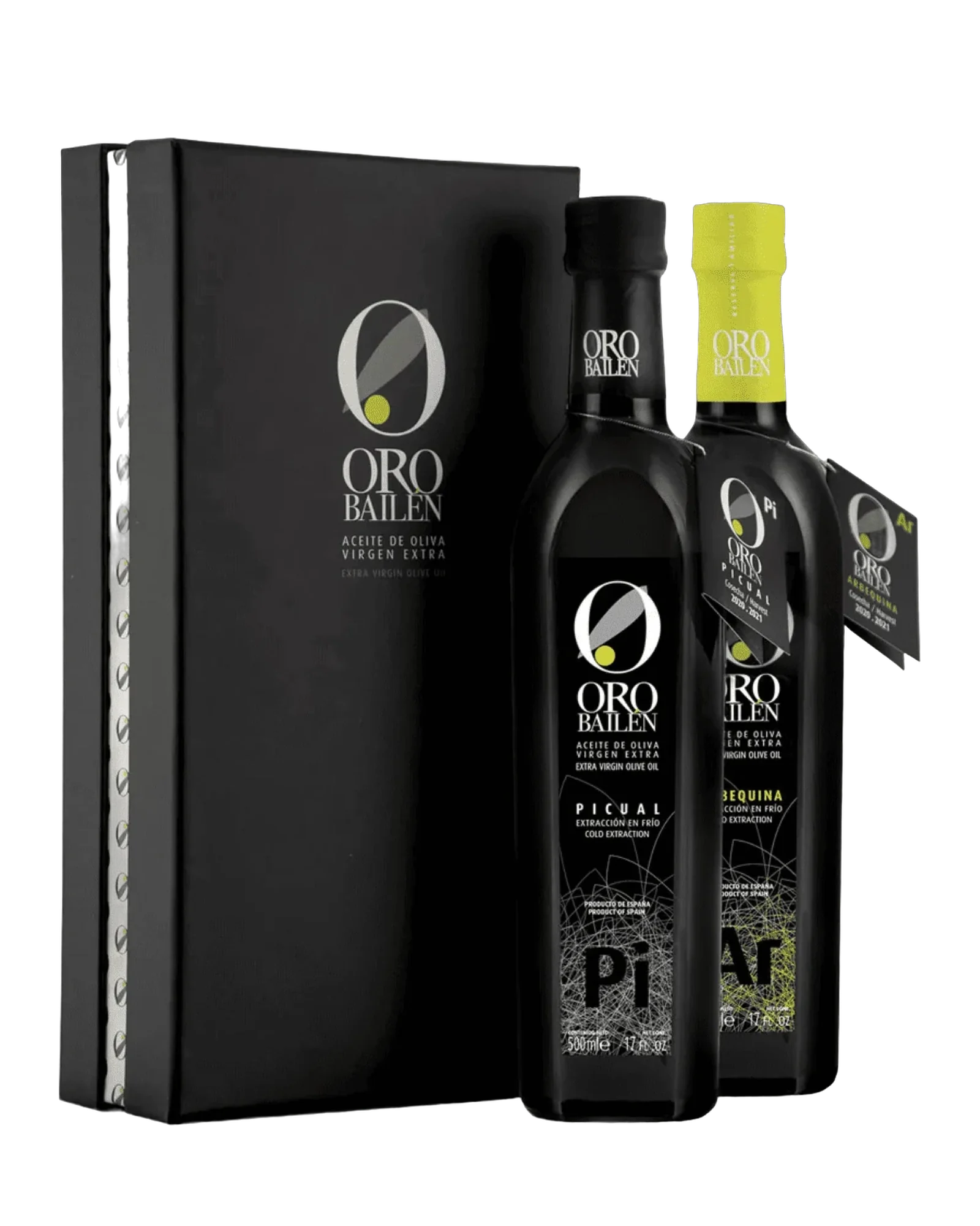 Schwarze Geschenkbox Oro Bailén mit den Flaschen Reserva Familiar Picual und Arbequina, freigestellt
