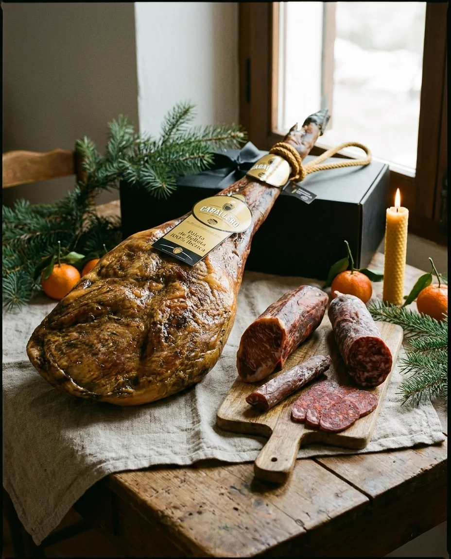 Serviervorschlag: ganze Paleta de Bellota neben Chorizo, Salchichón und Lomo auf einem Holzbrett, dahinter der schwarze Geschenkkarton