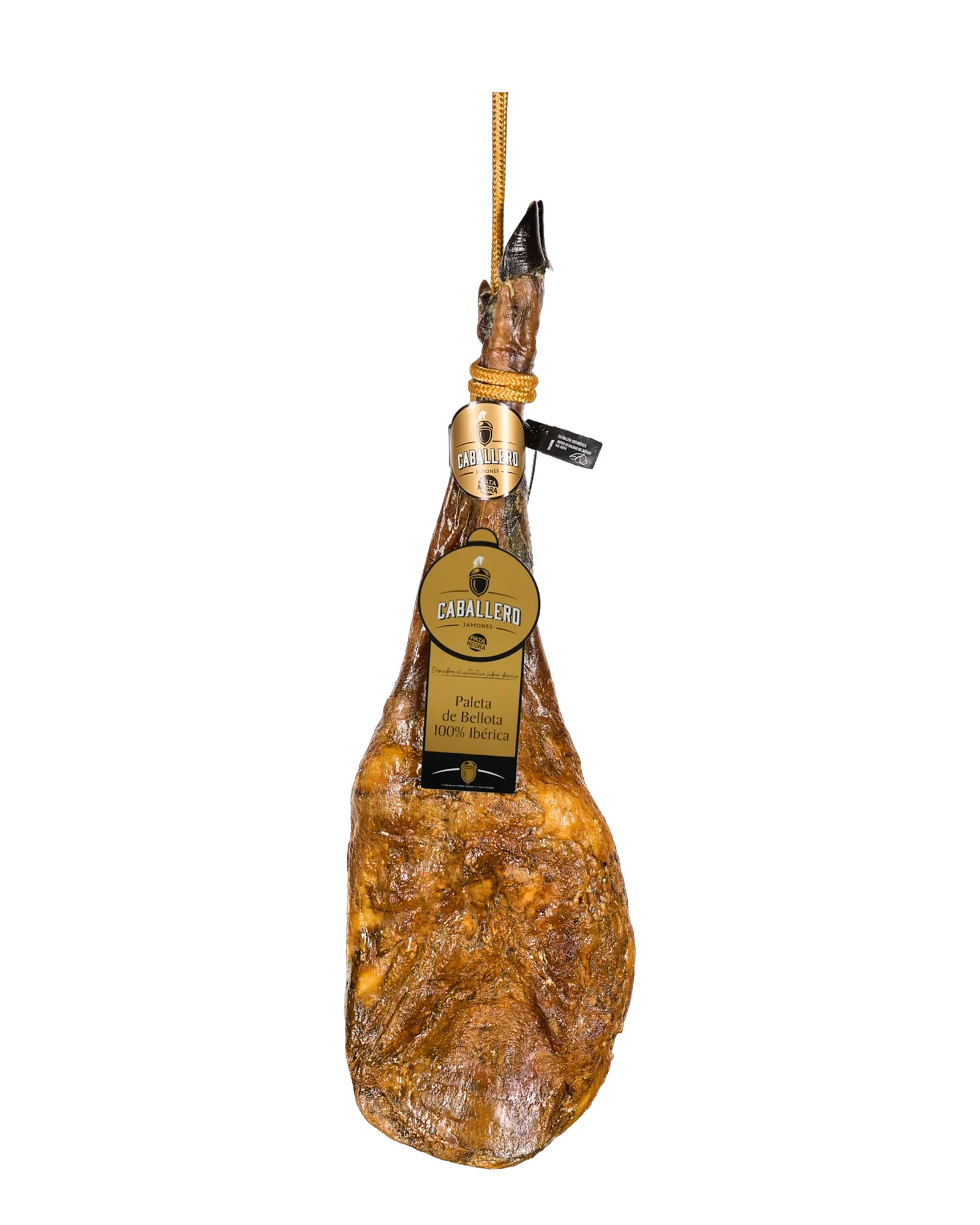 Ganze Paleta de Bellota 100 % Ibérica von Jamones Caballero, hängend, mit dem schwarzen Etikett, freigestellt