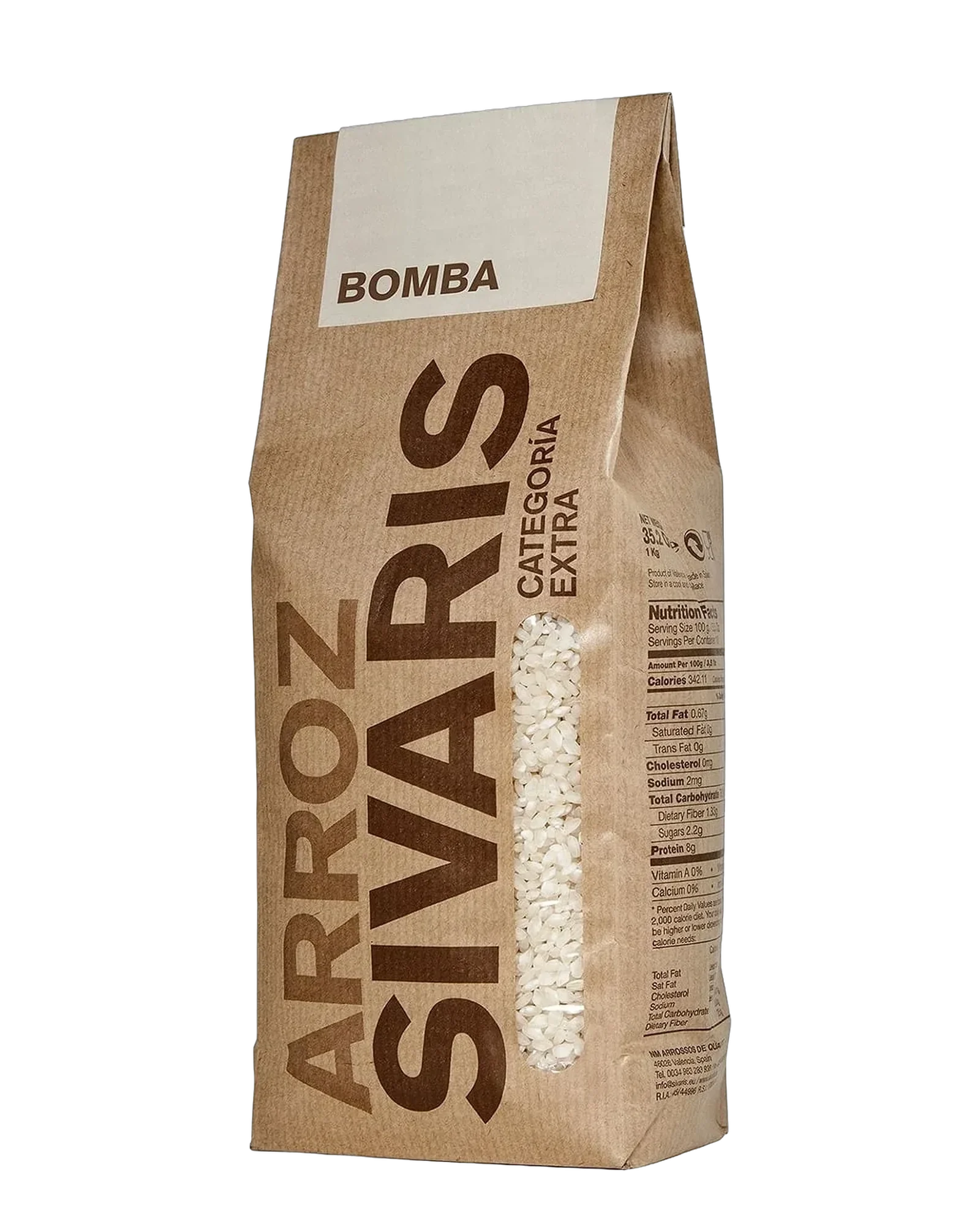 Papiersack Sivaris Arroz Bomba, 1 kg, mit Sichtfenster, freigestellt