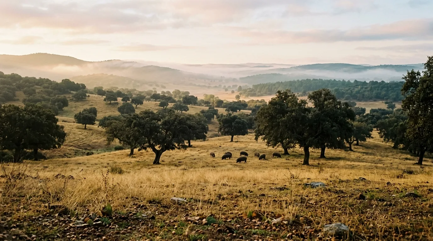 Symbolbild: Dehesa in der Sierra Morena bei Sonnenaufgang, Steineichen und grasende iberische Schweine