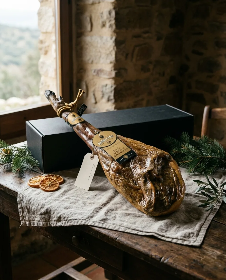 Serviervorschlag: Jamón de Bellota auf einem Leinentuch neben dem schwarzen Geschenkkarton, mit Tannenzweigen und getrockneten Orangen