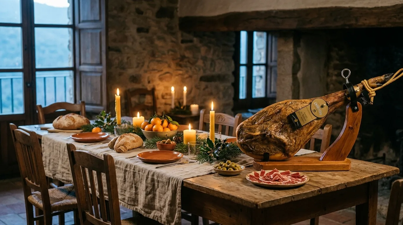 Serviervorschlag: gedeckter Tisch an Heiligabend mit Kerzen und Mandarinen, am Ende der ganze Jamón im Schinkenhalter
