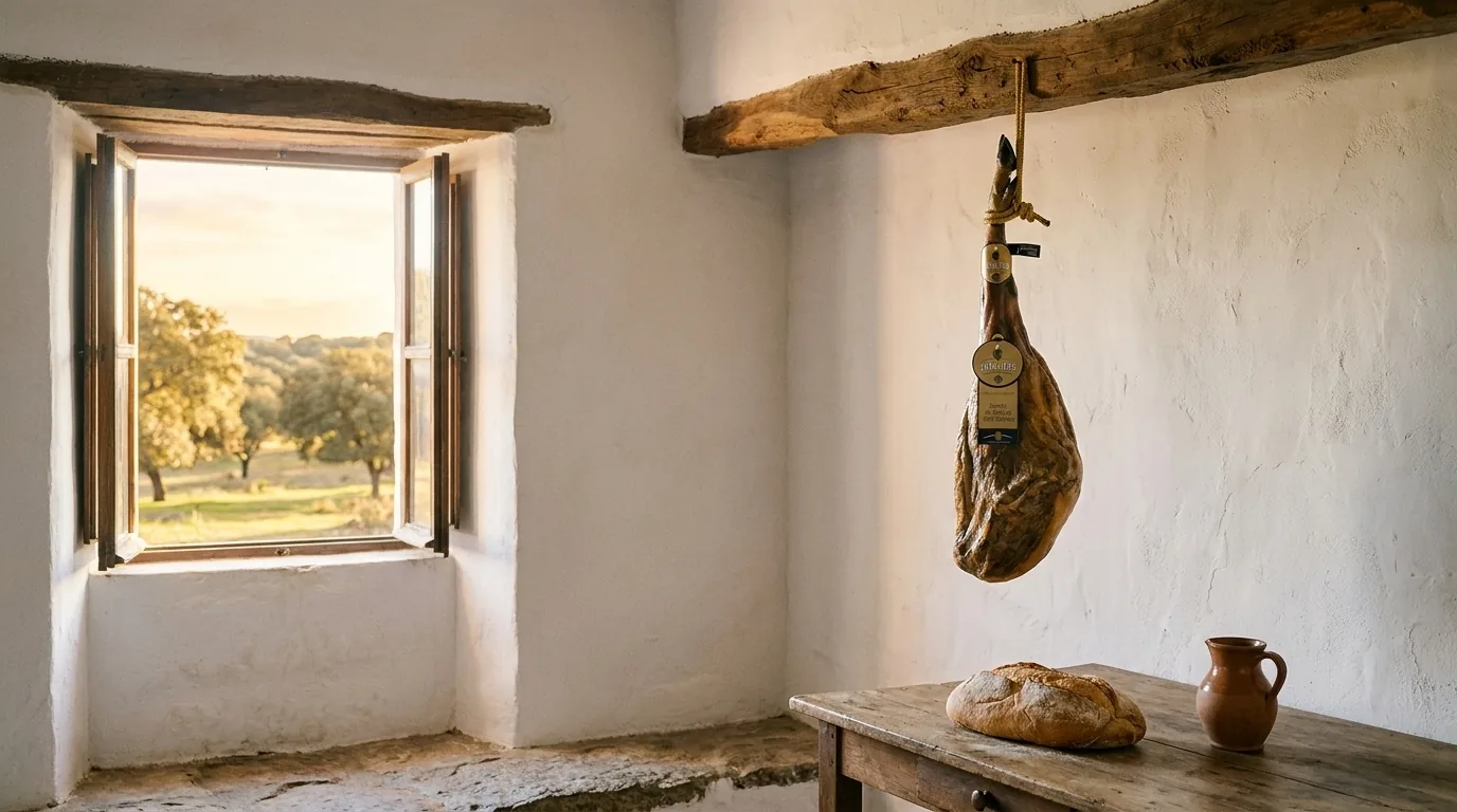 Serviervorschlag: ganzer Jamón de Bellota hängt an einem Holzbalken in einem weiß gekalkten Landhaus